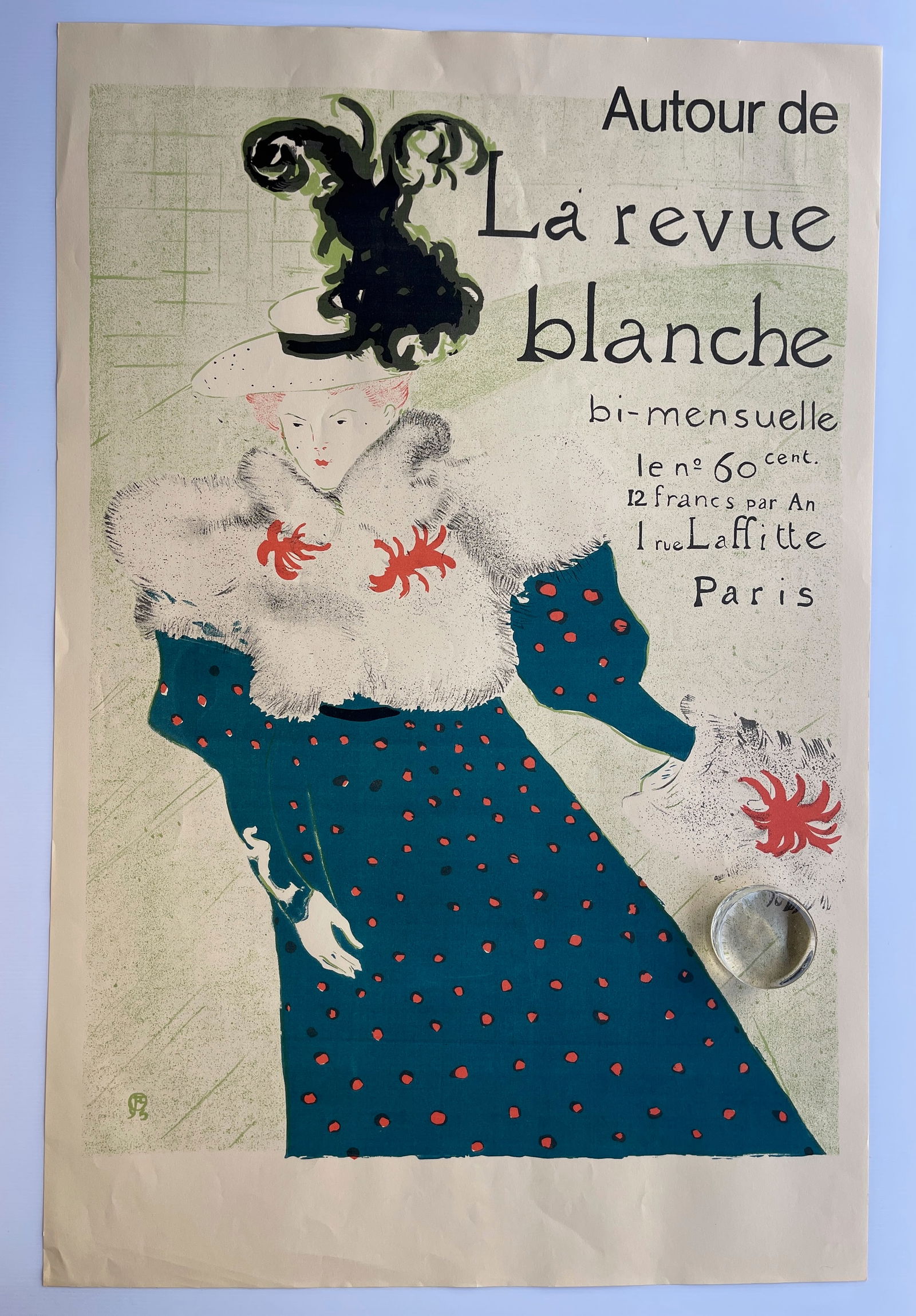 La Revue Blanche - Henri de Toulouse-Lautrec: The image provided is a famous art print titled "La Revue Blanche" created by the French artist Henri de Toulouse-Lautrec in 1895. Artwork Details about 24 x 36. Printed in about 1968. Artist: Henri d