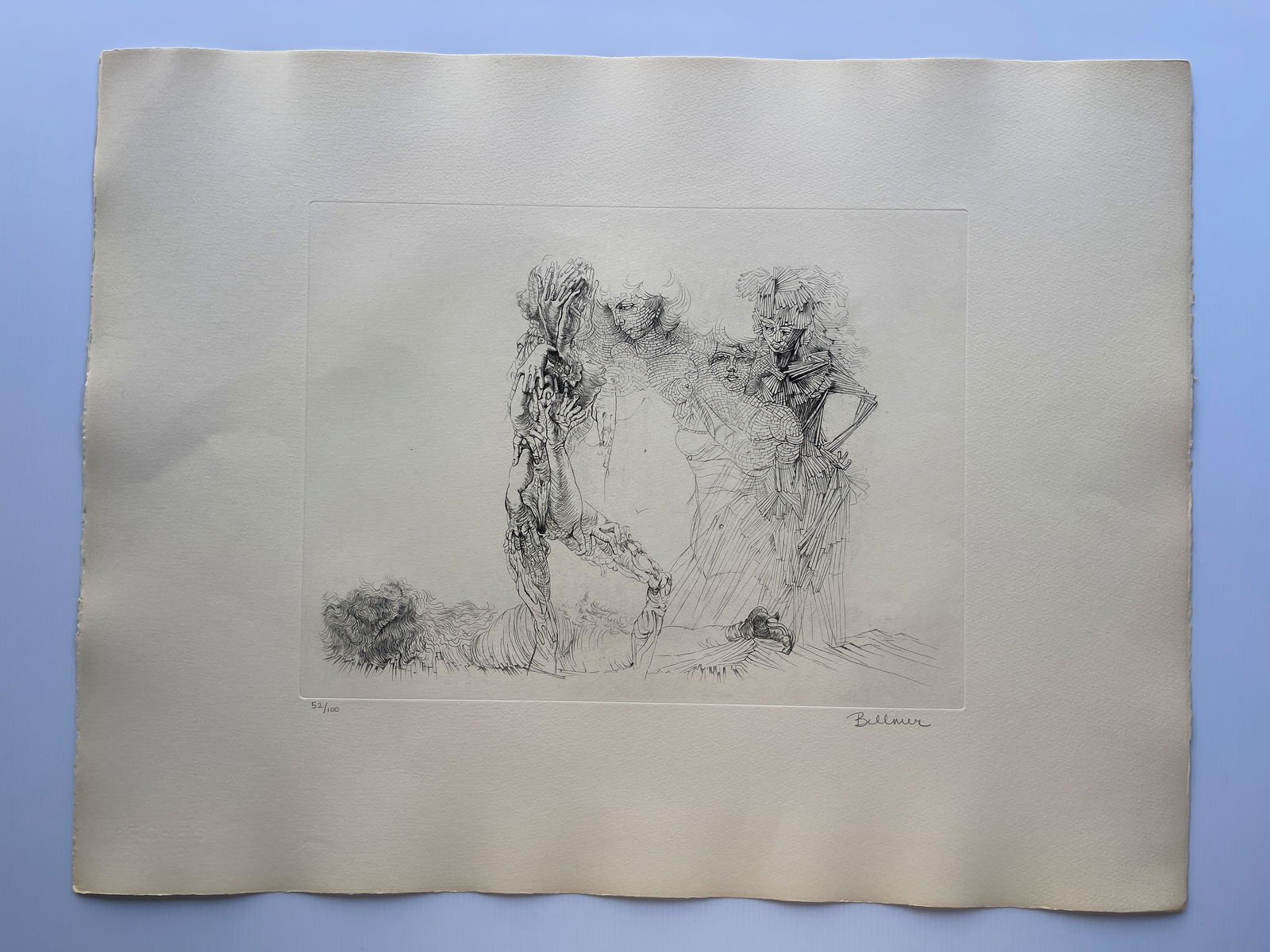 Hans Bellmer - The Four Girls - 1970: This artwork is an etching by the German Surrealist artist Hans Bellmer (1902-1975). It is titled "Les Quatre Filles" (The Four Girls) and was created in 1970. The print is a limited edition piece, as