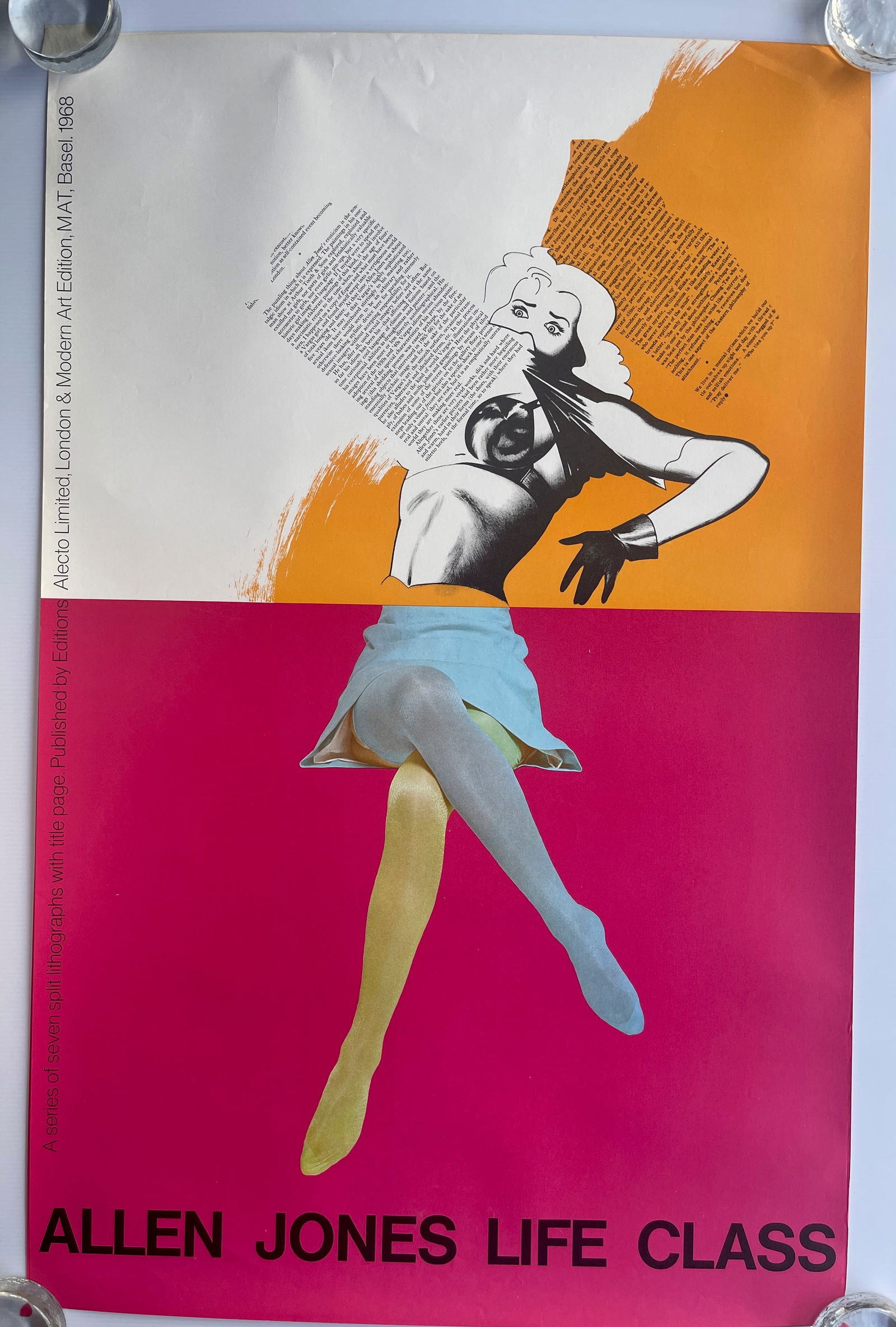 British Pop artist Allen Jones's 1968 exhibition - Life Class: Vintage poster for British Pop artist Allen Jones's 1968 lithograph series and exhibition, also titled Life Class. Description and Context Artwork: The poster is an offset lithograph that advertises a