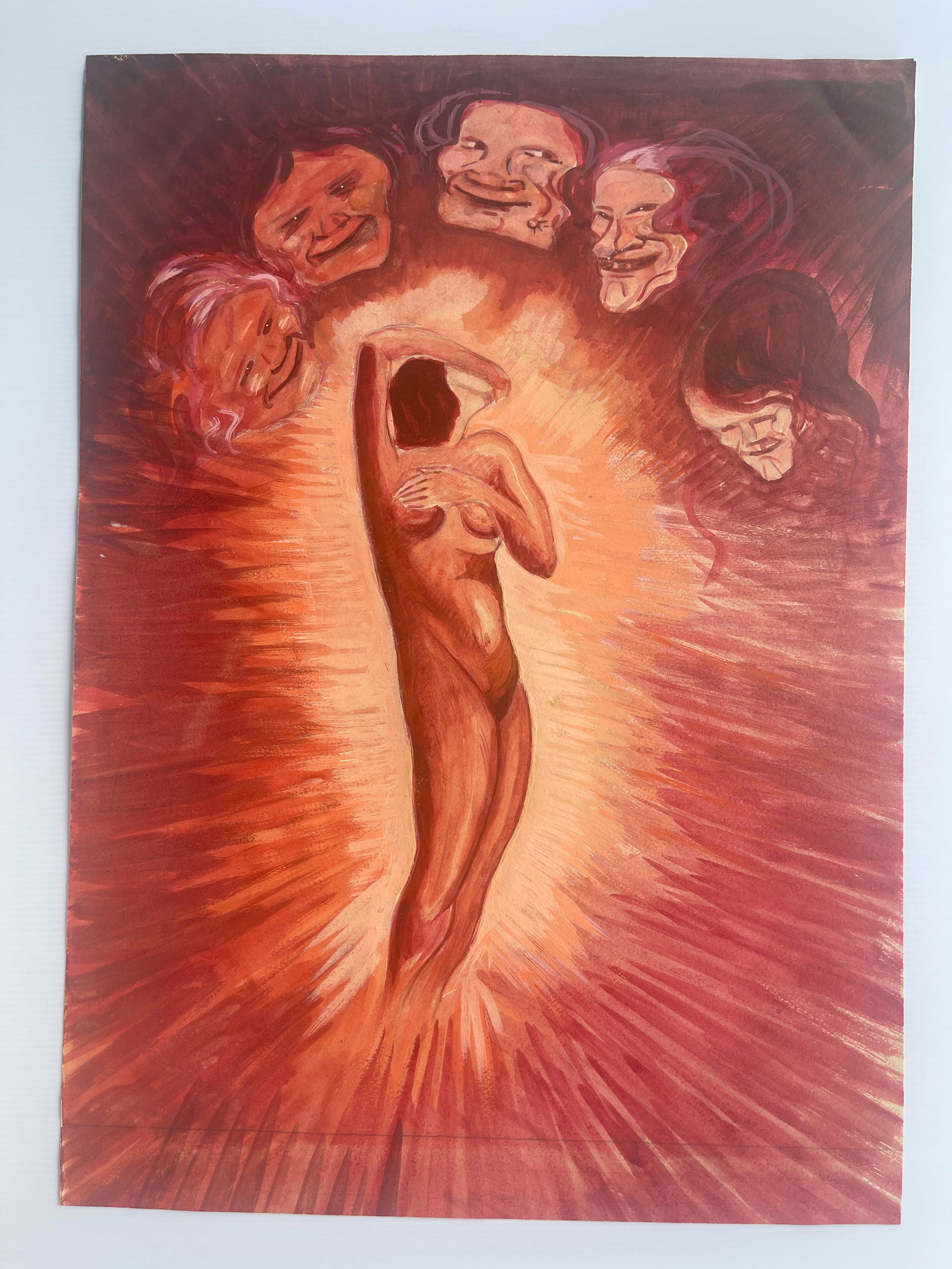 ORIGINAL ONE OF A KIND ART: Colored Pencil Drawing. No artist name. The image is a painting that depicts a nude female figure in a bright, warm light, surrounded by several disfigured or contorted faces in shadow. The faces appe
