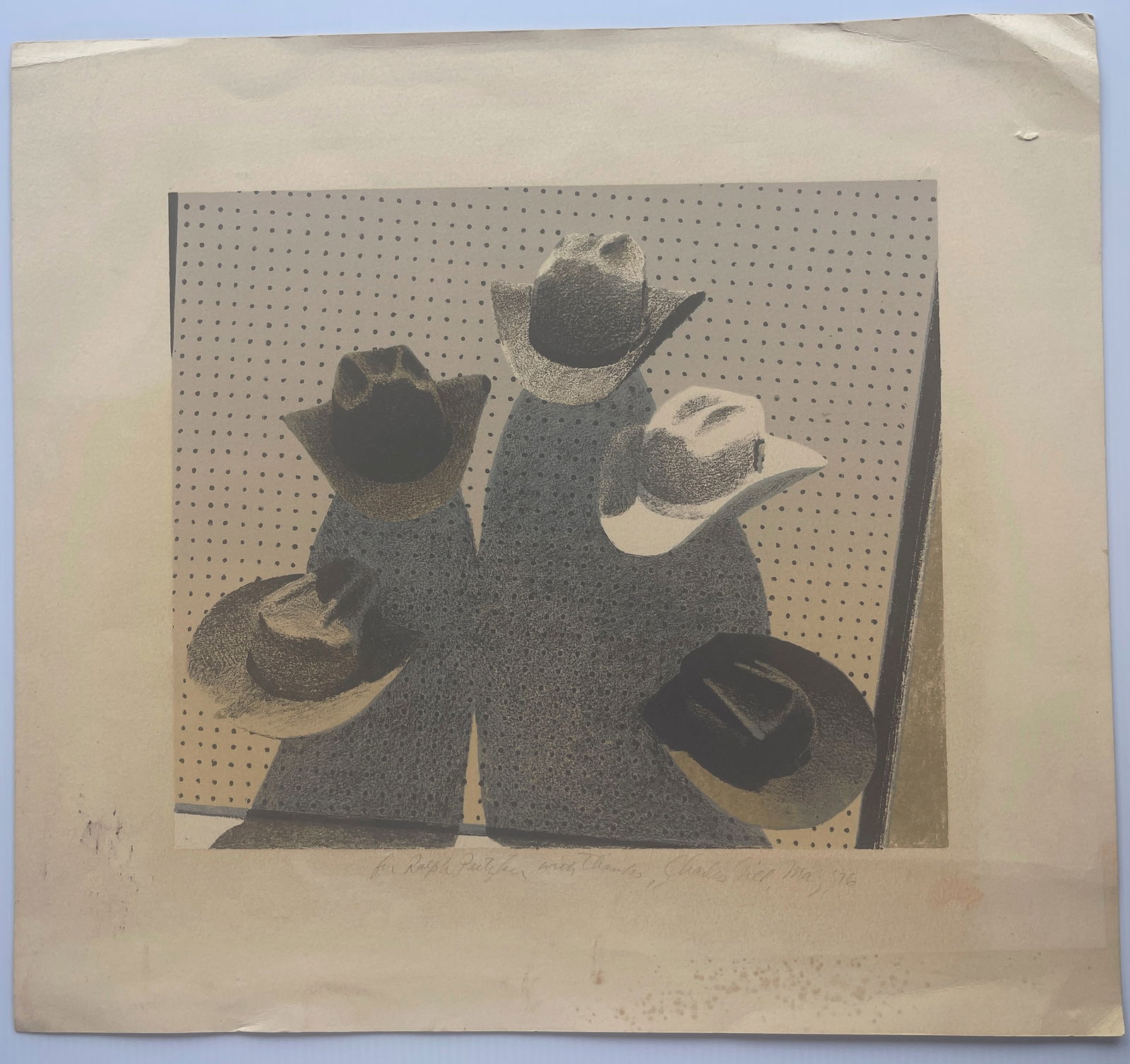 CHARLES GILL - 1976 - HATS: CHARLES GILL - 1976 - HATS. Dedicated to Ralph Putzler or Pulitzer. About 24 x 20 with slight staining and creasing.