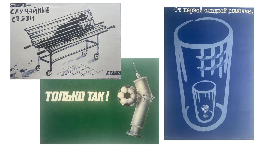 Soviet-era anti-alcohol and anti-AIDS propaganda posters: Soviet-era anti-alcohol and anti-AIDS propaganda posters. These posters were part of public campaigns in the USSR aimed at promoting healthy lifestyles and addressing social issues. Poster Details jus