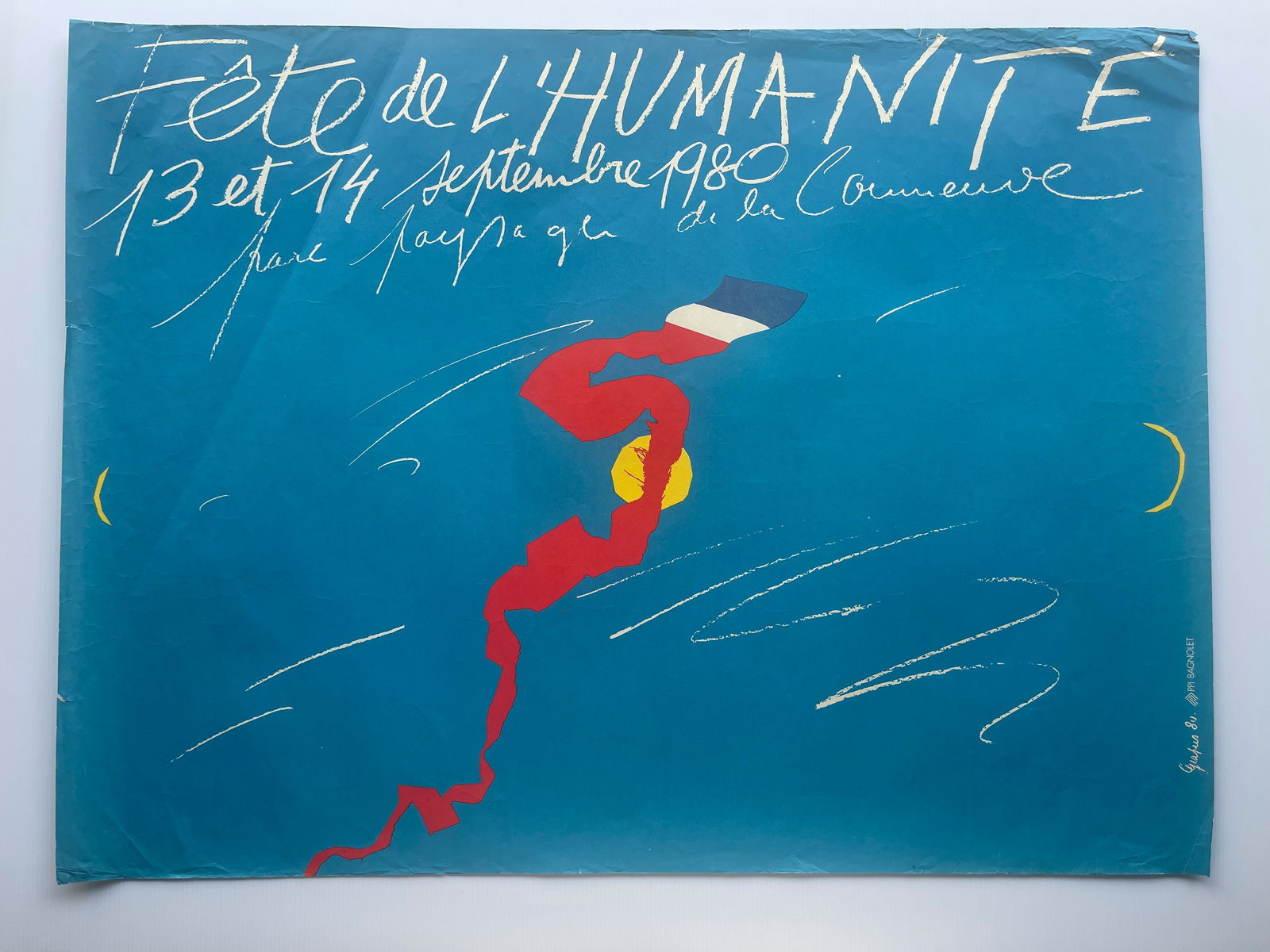 Fête de l'Humanité - French Communist Party (PCF) newspaper L'Humanité: The poster in the image is for the Fête de l'Humanité event that took place on September 13 and 14, 1980. The artist of the poster is unknown. About 24 x 36. Creasing.The Fête de l'Humanité is