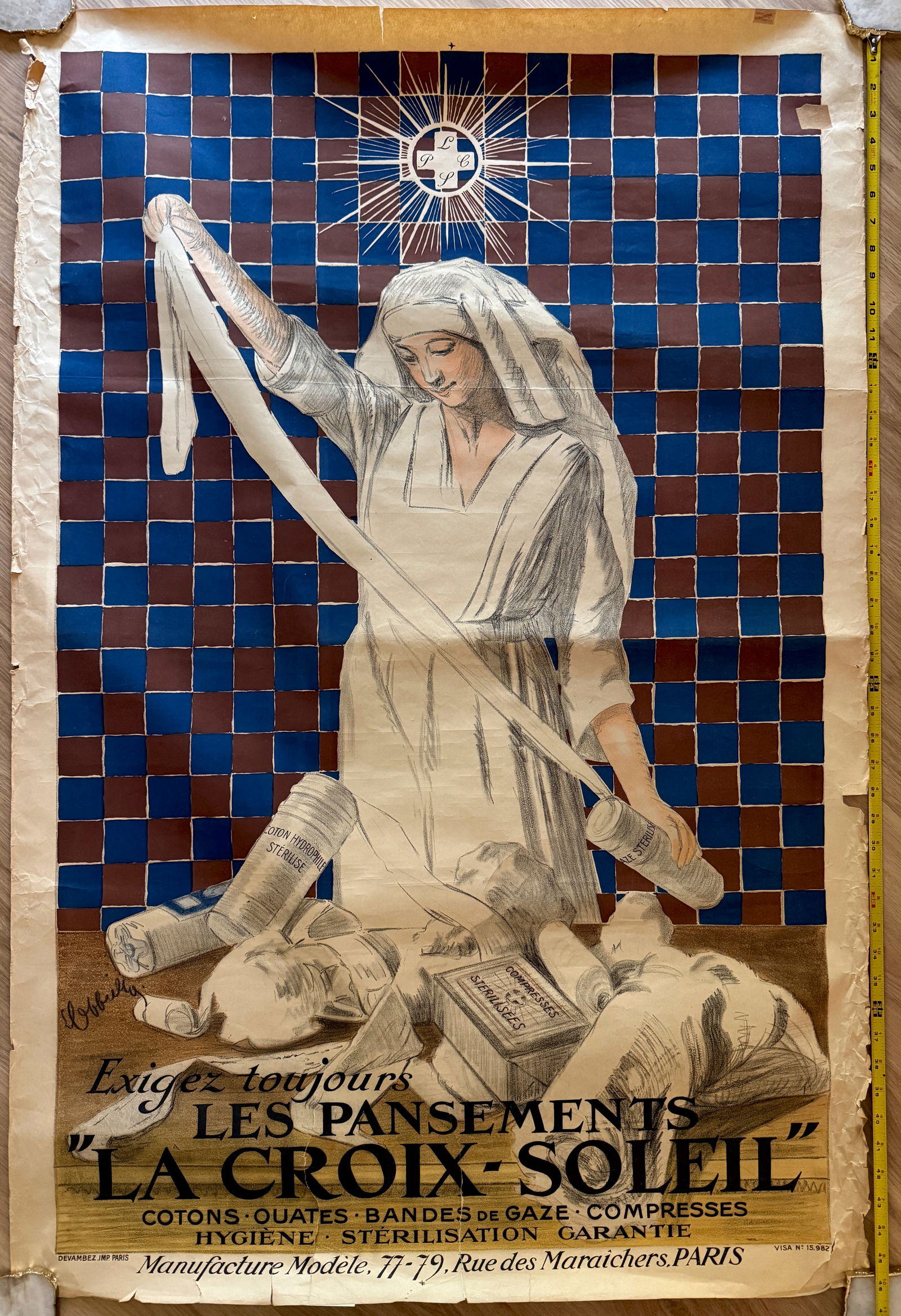 1919 ART DECO LITHO - Always demand The Sun Cross bandages: This is the vintage French advertising poster titled "La Croix-Soleil" (The Sun Cross), created by the Italian and French artist Leonetto Cappiello in 1919. The poster advertises a medical supply