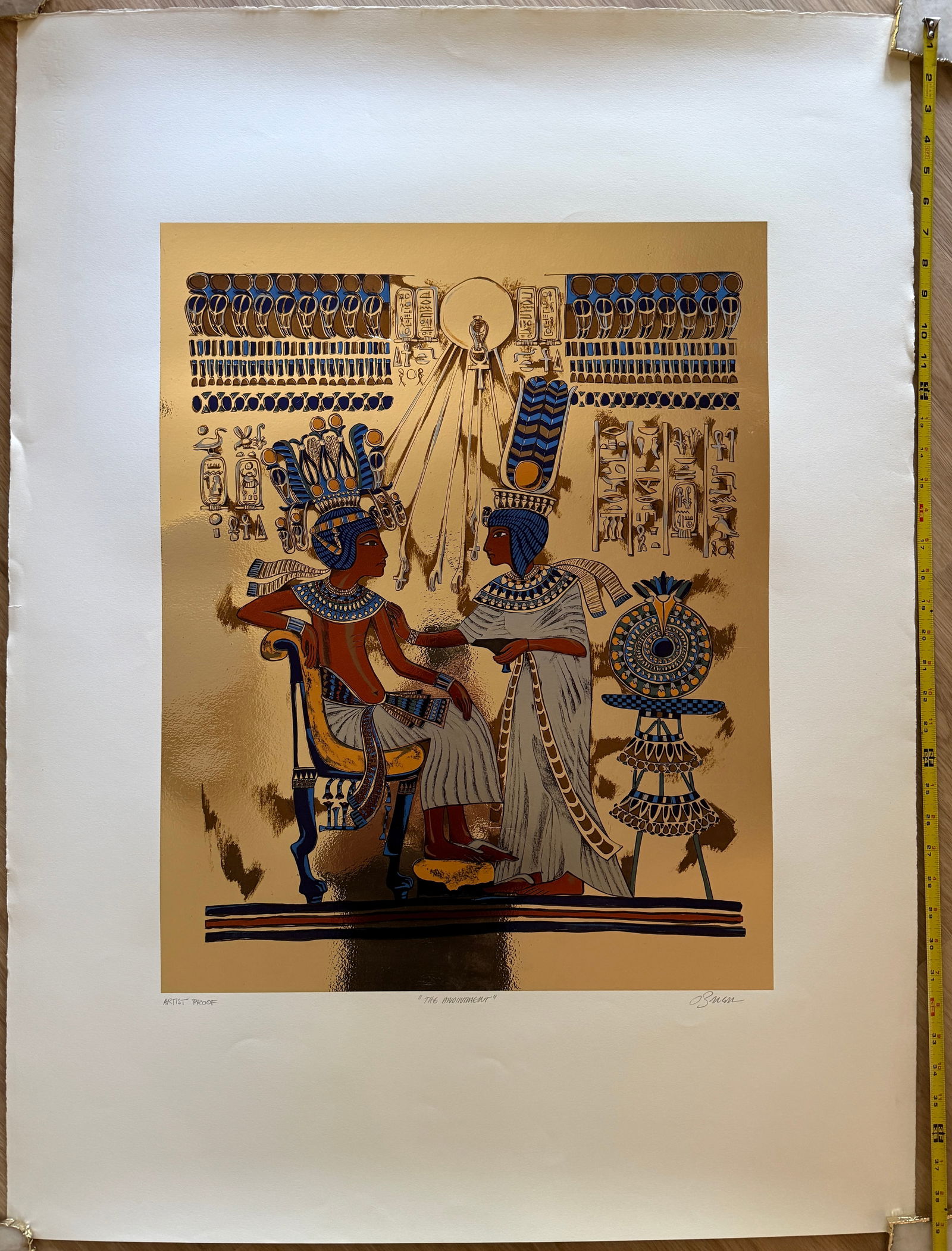 Screenprint / gold foil - The Anointment - O'Brian - ARTIST PROOF: The image provided is a screenprint with gold foil titled "The Anointment" by the artist O'Brian. This print is based on a panel found on a small golden statue shrine, known as a naos, discovered in