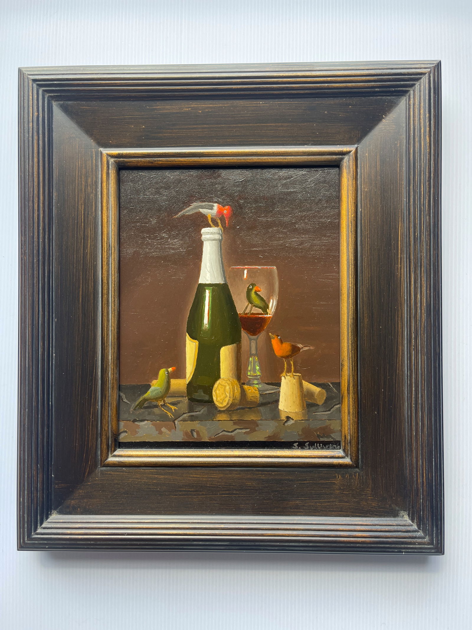 Shawn Sullivan - Cork Sniffers: THE RENOWNED SULLIVAN - HIS ANTICS ARE ON DISPLAY IN: CORK SNIFFERS! Art is 7-1/2 x 10. Frame is 13 x 16. Oil on Panel. 2019 auction $900 price. Shawn Sullivan (b.1957) Sacramento, California, is an a