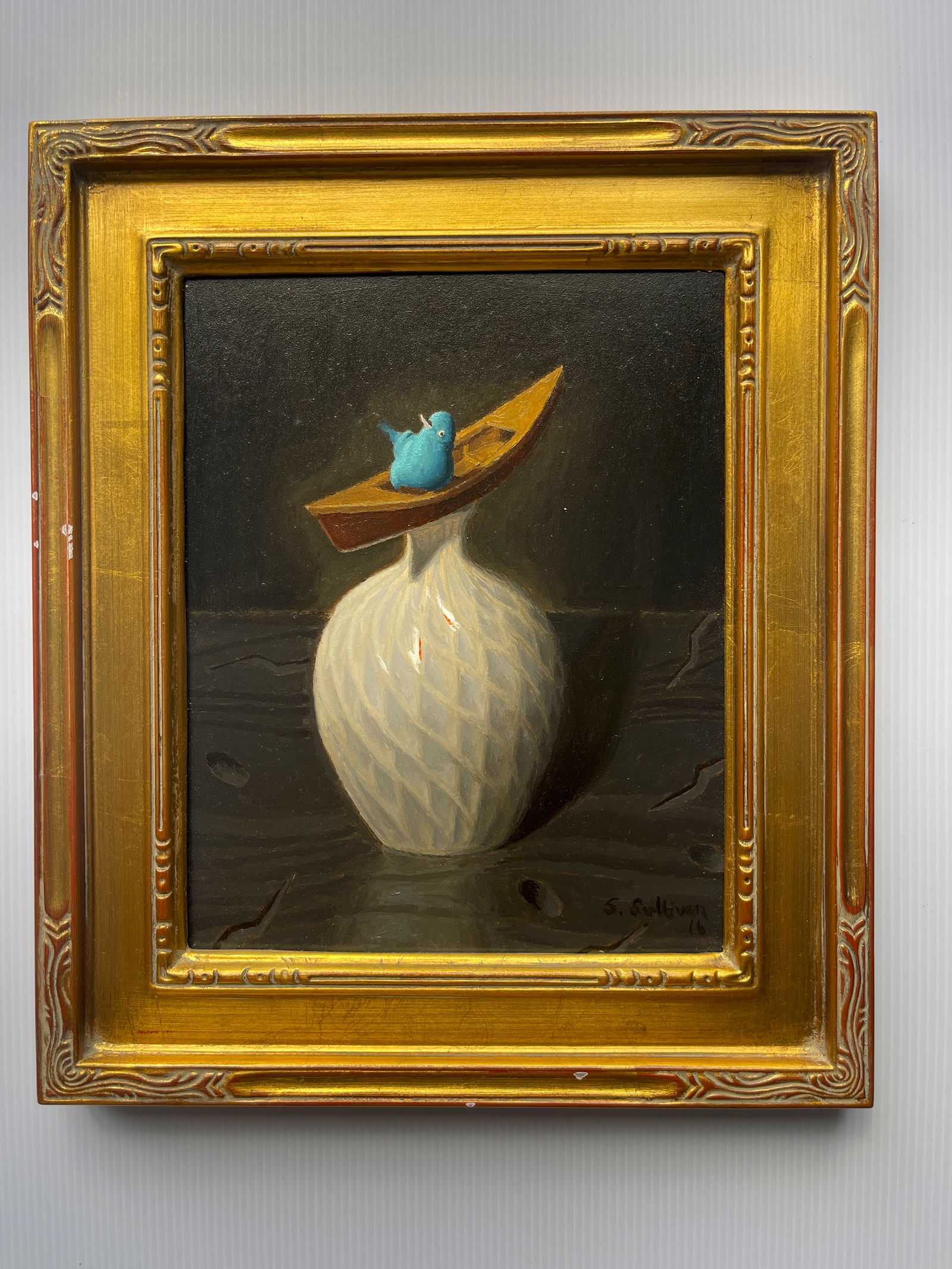 Shawn Sullivan - Happiness: MORE SULLIVAN PLEASE ! With his amazing piece titled: HAPPINESS. Art is 7-1/2 x 10. Frame is 11 x 13. Oil on Panel. 2016 auction $600 price. Shawn Sullivan (b.1957) Sacramento, California, is an artis