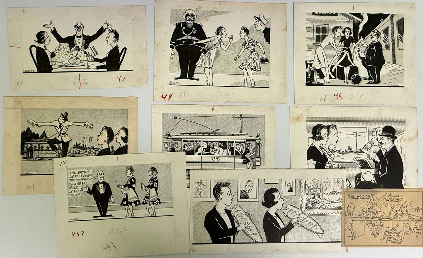 1940 ORIGINAL CARTOON PRODUCTION ART - MID 20th CENTURY: ART BY BRADLEY. Very prolific artist for many publications including Chicago-based media. Eight (8) original panels with artists notes, and an additional unattributed 1940s cartoon panel depicting WOL
