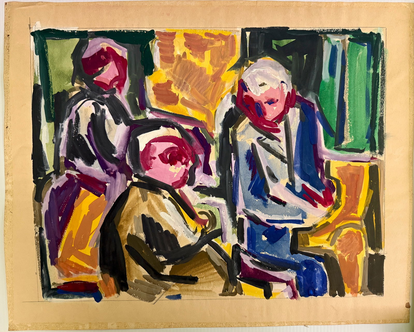 UNATTRIBUTED WATER COLOR - PIANO BAR SCENE - 1960 - IN THE STYLE OF Romare Bearden (1 of 4)