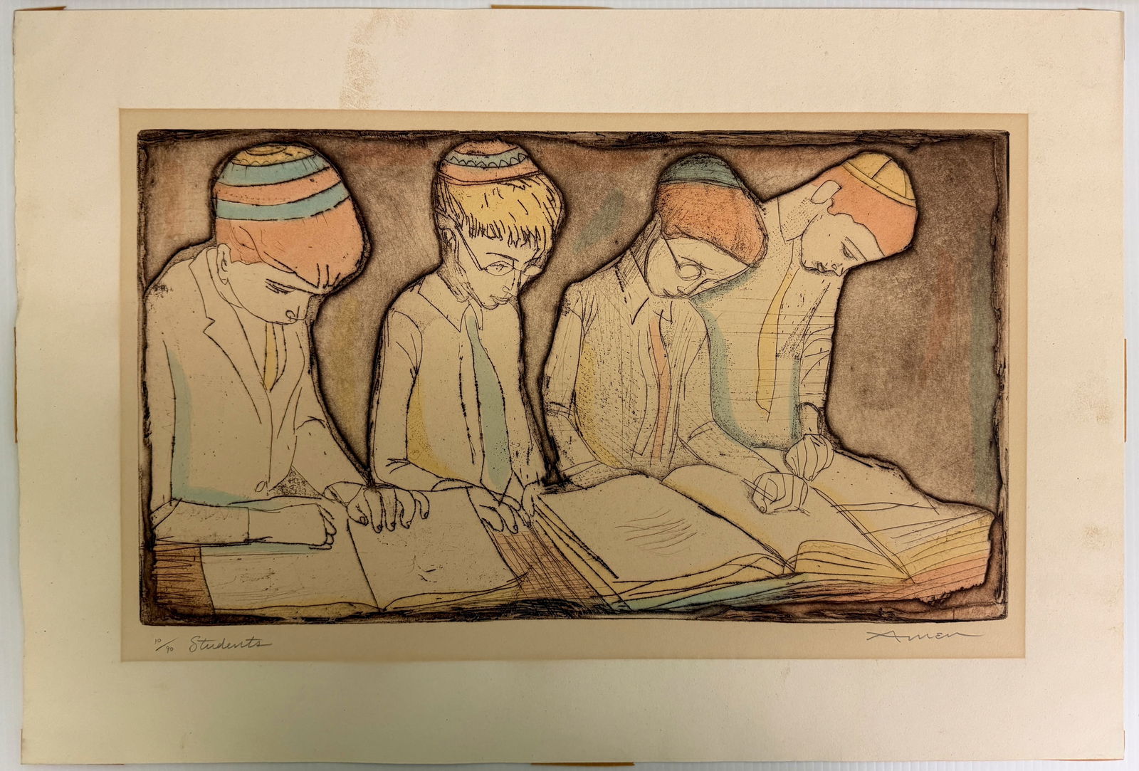 Students - COLOR ETCHING -SIGNED AND NUMBERED by Irving Amen: The image provided is a color etching titled Students by the American artist Irving Amen (1918–2011). Medium: Color etching (some sources mention hand-colored aquatint etching or lithograph, but "et