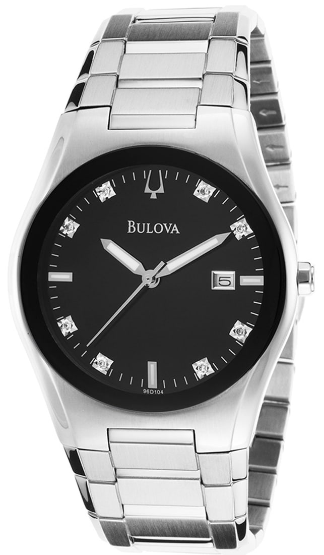 Bulova 96D104 Black Dial 8 Diamonds Stainless Steel Men's Watch - NOS: NEW OLD STOCK - with box and papers. Gender:Men'sCase Size:40mmDial Color:BlackMaterial Case:Stainless SteelMaterial Band:Stainless SteelMovement:Analog QuartzWater Resist:30 Meters Water ResistantFea