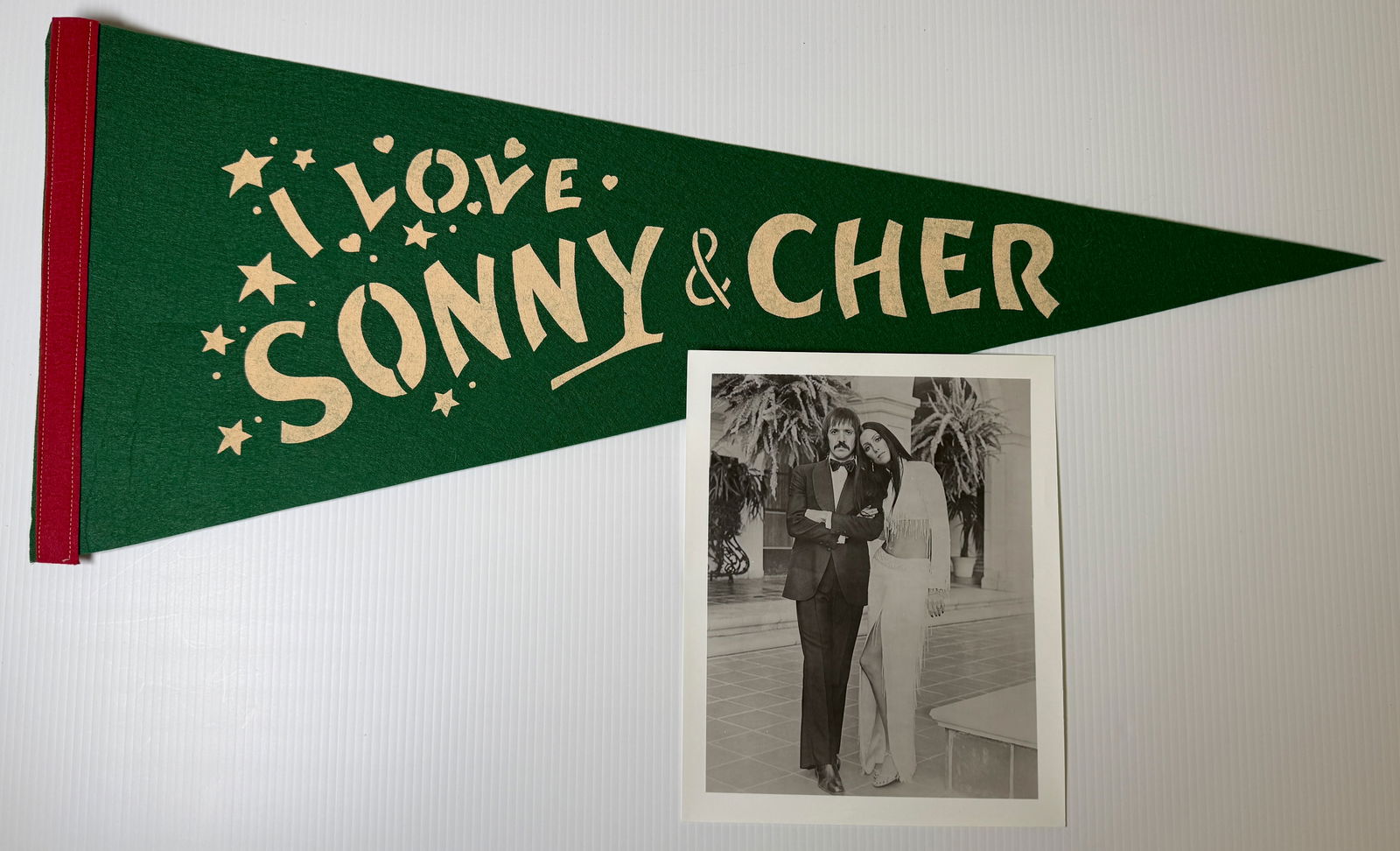 RARE 1970s SONNY & CHER FAN FLAG and PROMO SHOT: RARE 1970s ORIGINAL VINTAGE SONNY & CHER FAN FLAG and PROMO SHOT