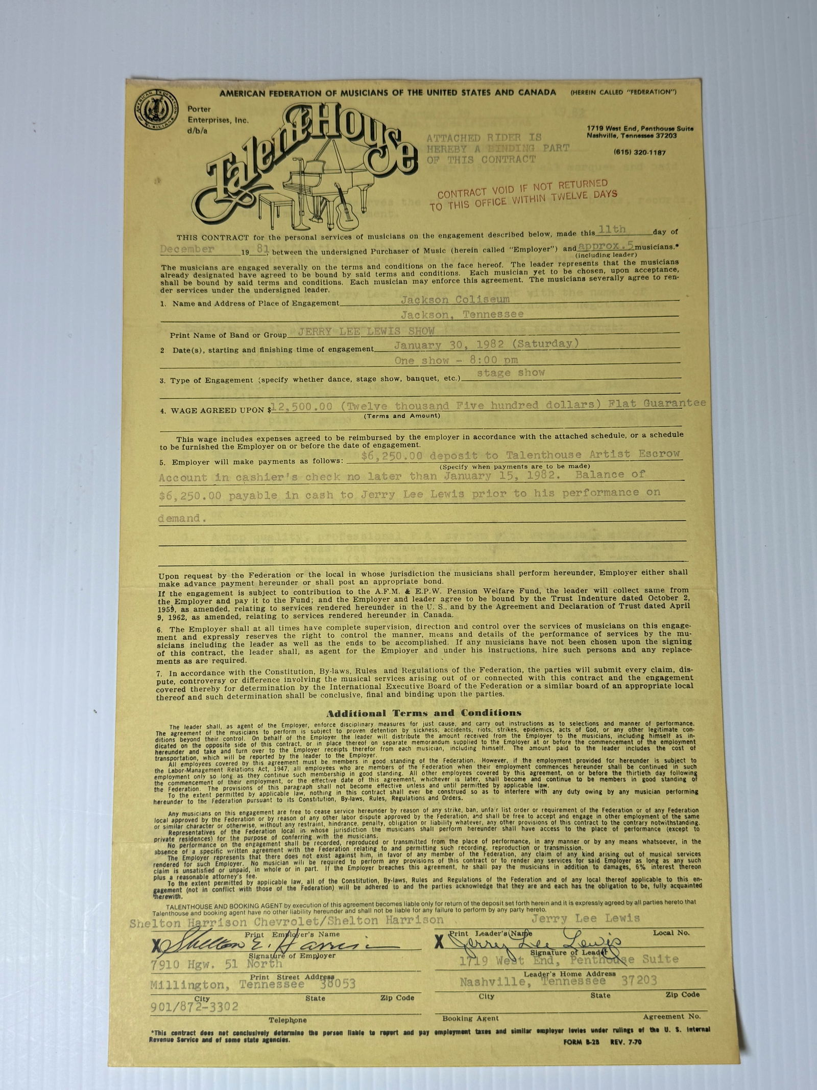 JERRY LEE LEWIS SIGNED CONTRACT AND RIDER (1 of 3)