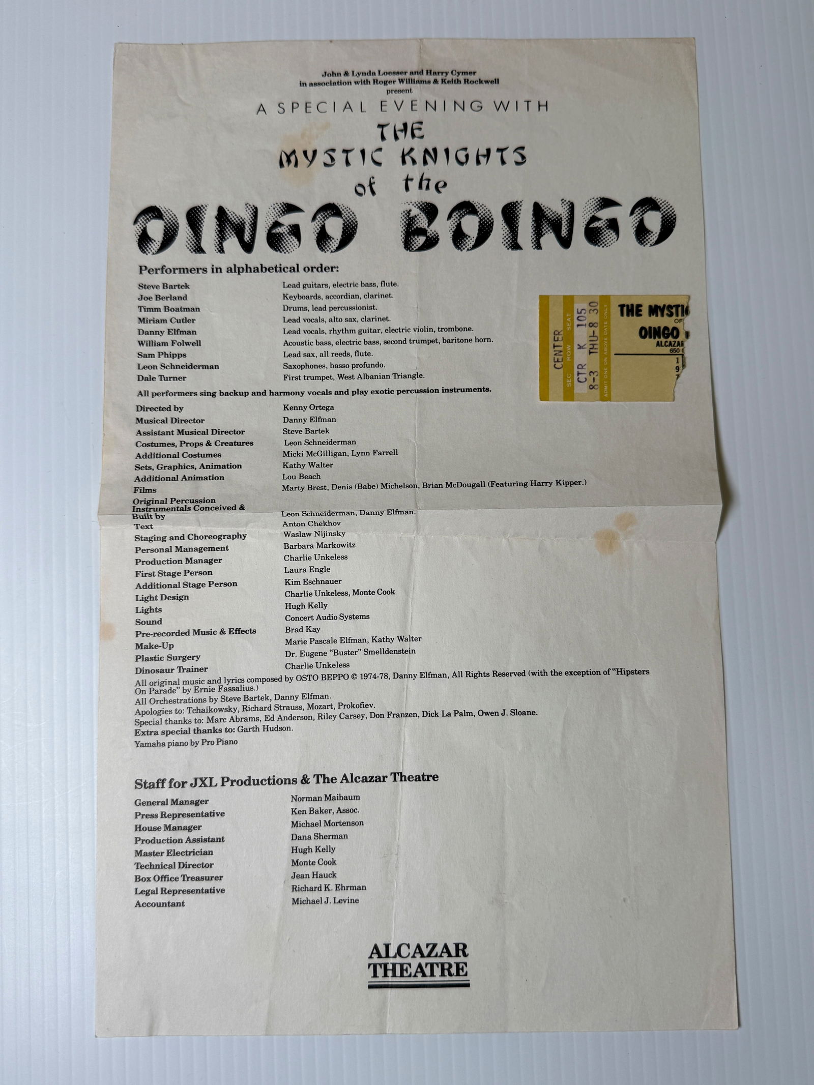 Oingo Boingo - PRE FAME FLYER: This flyer is for a performance by The Mystic Knights of the Oingo Boingo, a theatrical performance art troupe that existed before they evolved into the new wave band Oingo Boingo. The Alcazar Theatre
