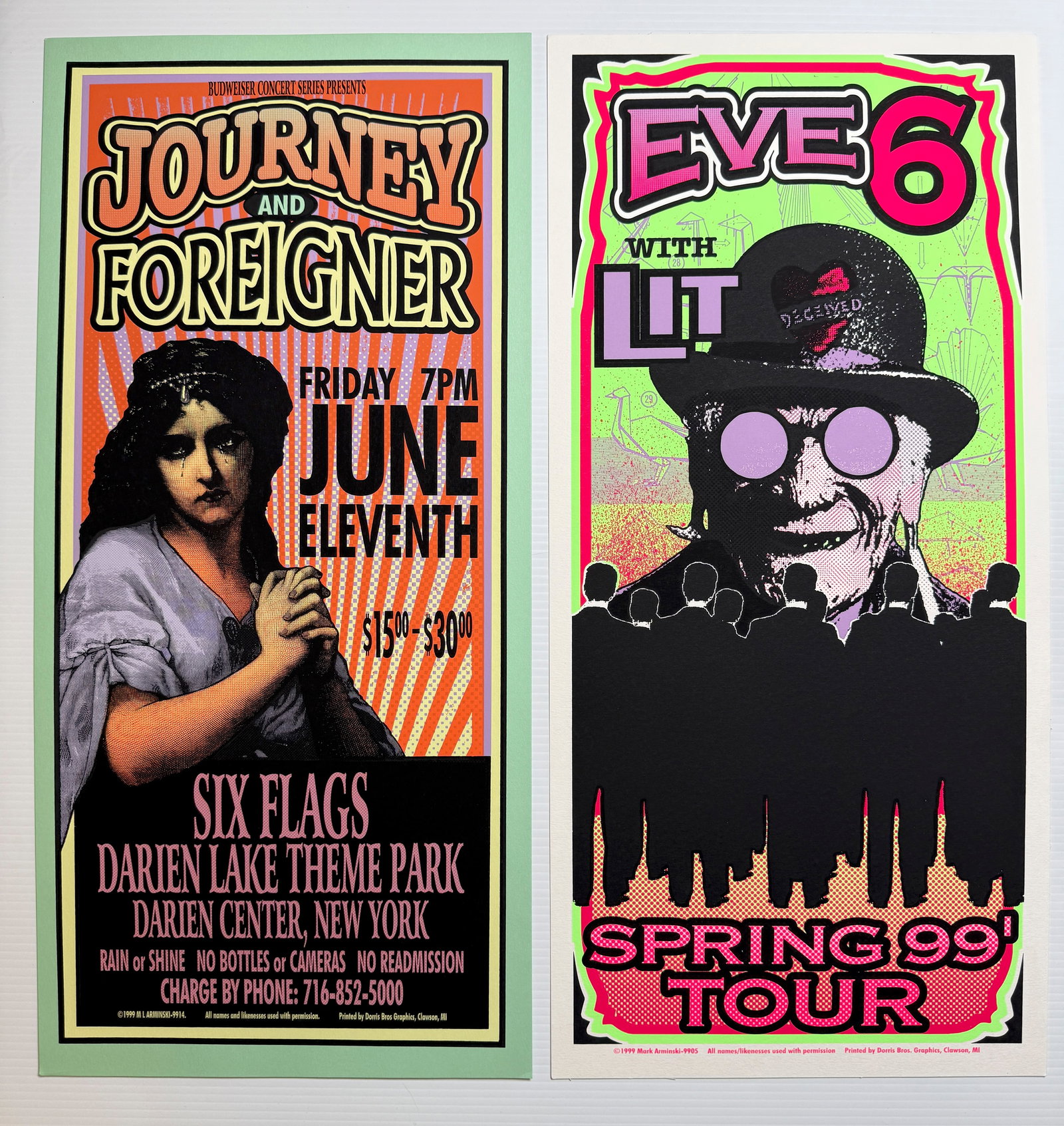MARK ARMINSKI POSTER SET WITH: JOURNEY & FOREIGNER & EVE6: Vintage Mark Arminski Screen print rock poster set. Arminski is known for bridging the gap between 1960s psychedelic art and the 1990s grunge aesthetic. Mark focuses his time on fine art / pop art