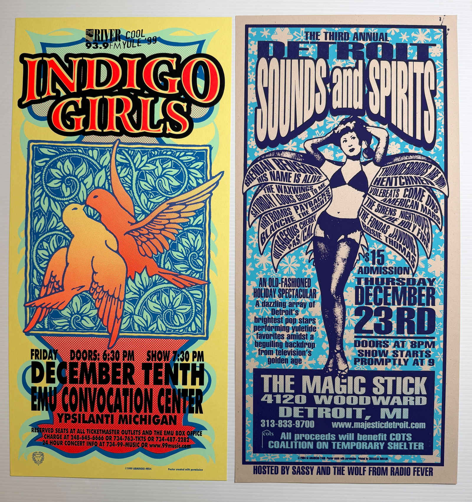 MARK ARMINSKI POSTER SET WITH: INDIGO GIRLS & DIRTBOMBS: Vintage Mark Arminski Screen print rock poster set. Arminski is known for bridging the gap between 1960s psychedelic art and the 1990s grunge aesthetic. Mark focuses his time on fine art / pop art