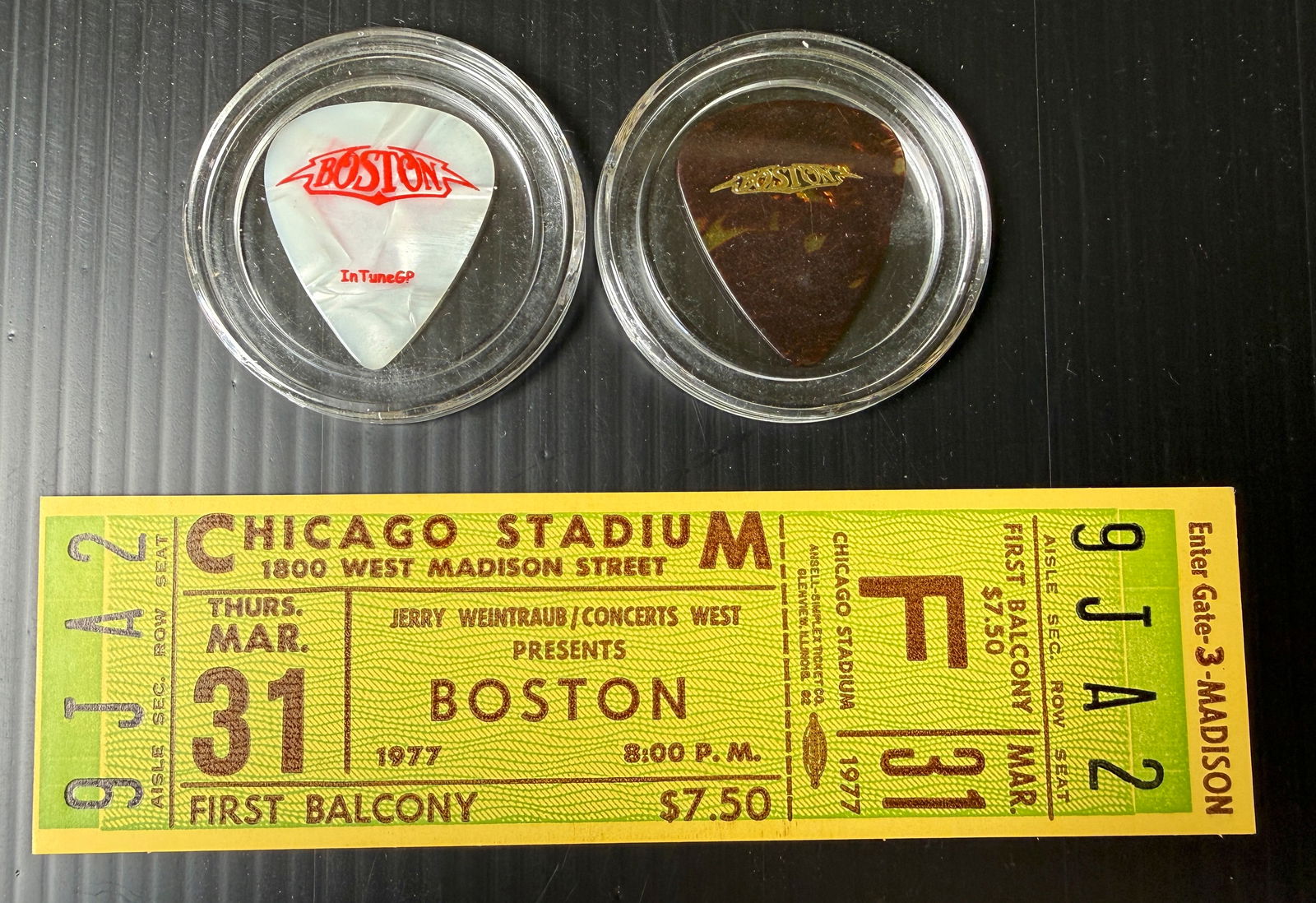BOSTON BAND TICKET STUB WITH GUITAR PICKS: BOSTON BAND TICKET STUB WITH GUITAR PICKS FROM TOM SCHOLZ.