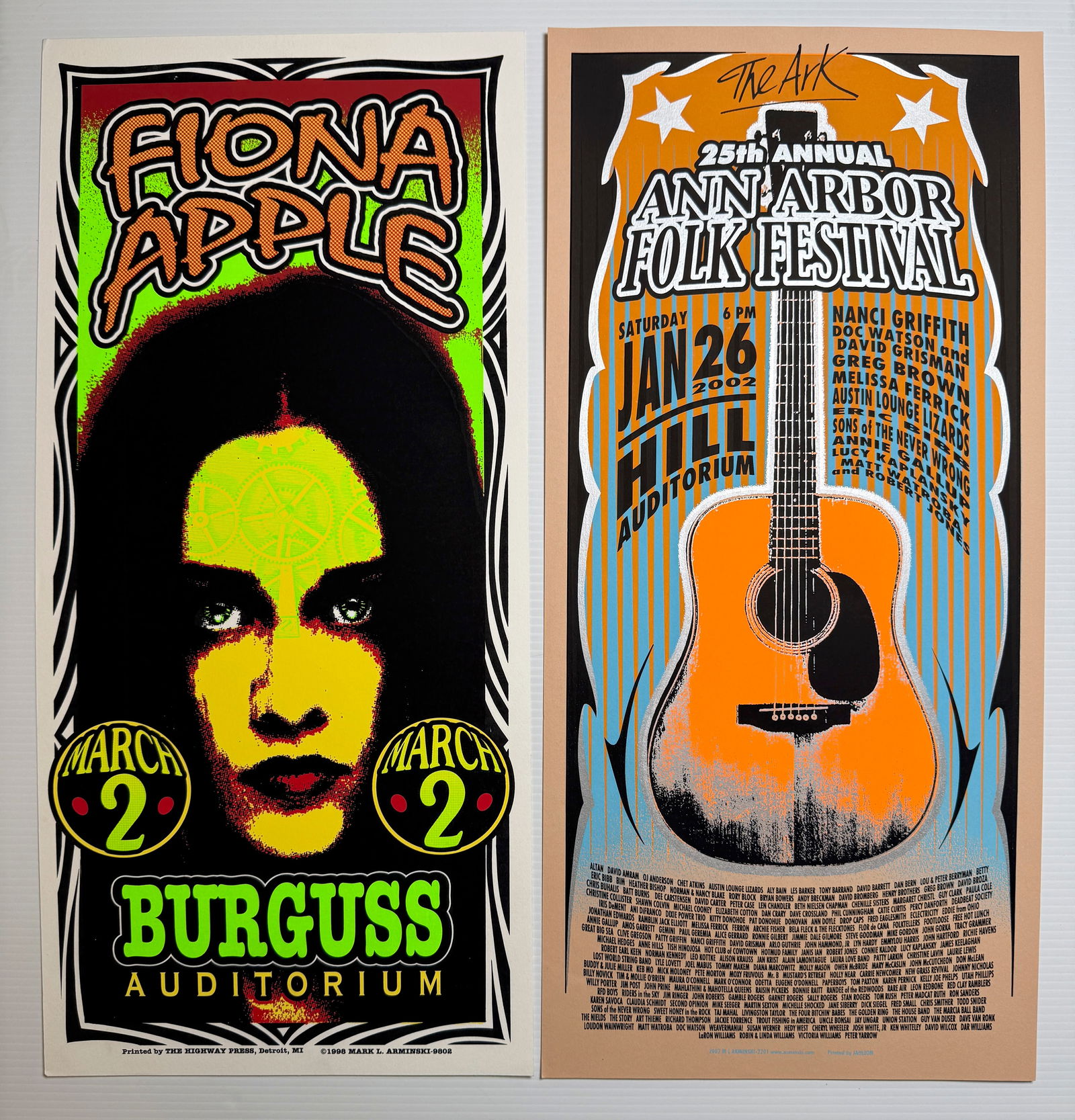 MARK ARMINSKI POSTER SET WITH: FIONA APPLE & ANN ARBOR FOLK FEST: Vintage Mark Arminski Screen print rock poster set. Arminski is known for bridging the gap between 1960s psychedelic art and the 1990s grunge aesthetic. Mark focuses his time on fine art / pop art