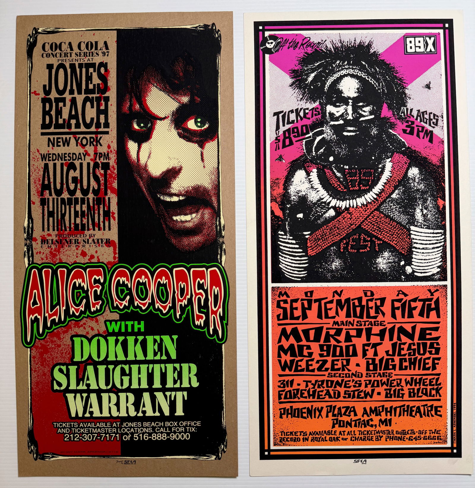 MARK ARMINSKI POSTER SET WITH: ALICE COOPER & WEEZER & 311: Vintage Mark Arminski Screen print rock poster set. Arminski is known for bridging the gap between 1960s psychedelic art and the 1990s grunge aesthetic. Mark focuses his time on fine art / pop art