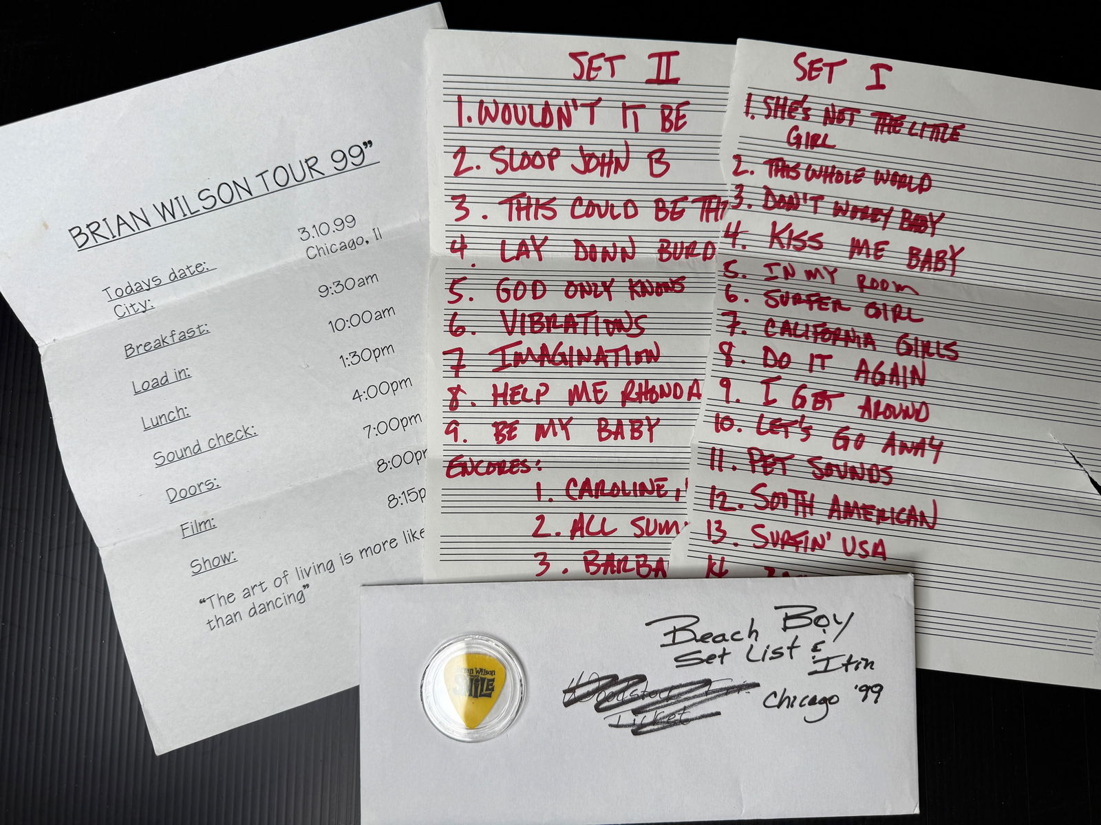 1999 BEACH BOYS AND BRIAN WILSON SET LIST & GUITAR PICK: 1999 BEACH BOYS AND BRIAN WILSON SET LIST & GUITAR PICK
