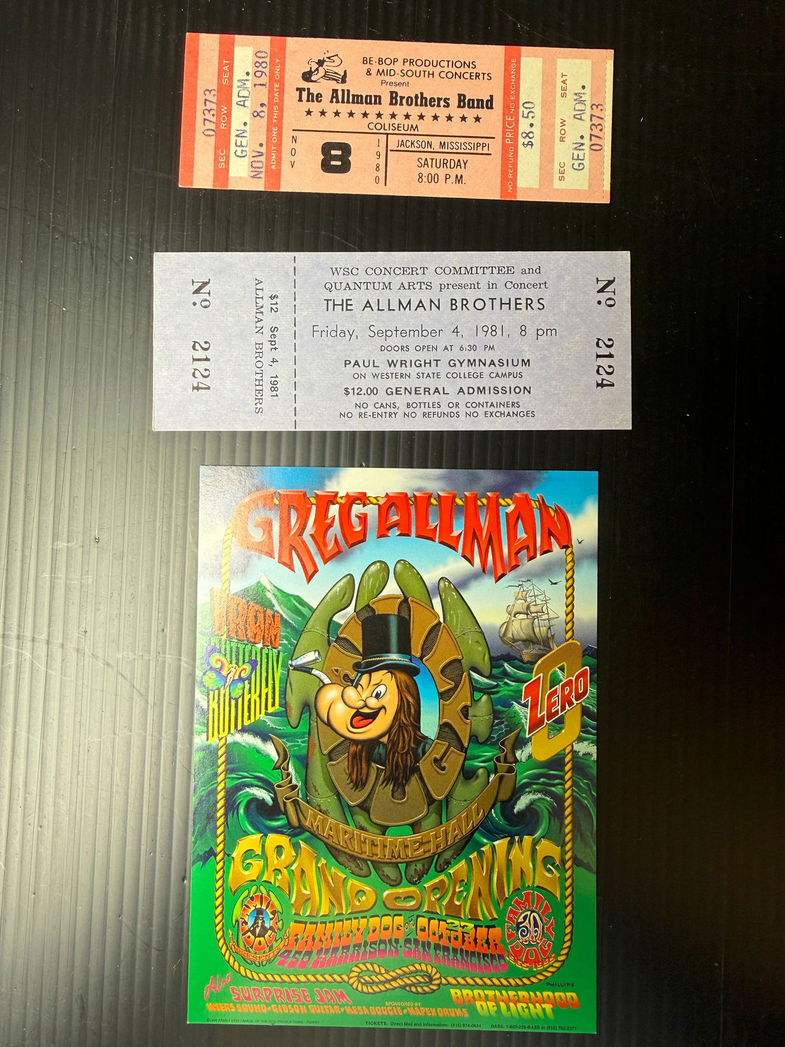 ALLMAN BROTHERS RARE TICKETS AND HANDBILL: ALLMAN BROTHERS RARE TICKETS AND HANDBILL. TICKETS FROM 1980 AND 1981. HANDBILL CREATED BY SURF ARTIST JIM PHILLIPS.