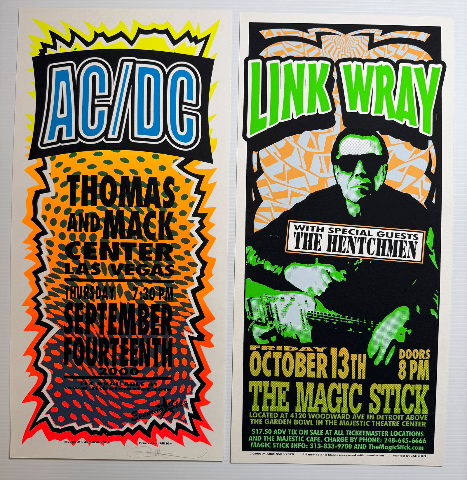 MARK ARMINSKI POSTER SET WITH: AC/DC & LINK WRAY: ONE SIGNED! Vintage Mark Arminski Screen print rock poster set. Arminski is known for bridging the gap between 1960s psychedelic art and the 1990s grunge aesthetic. Mark focuses his time on fine art /