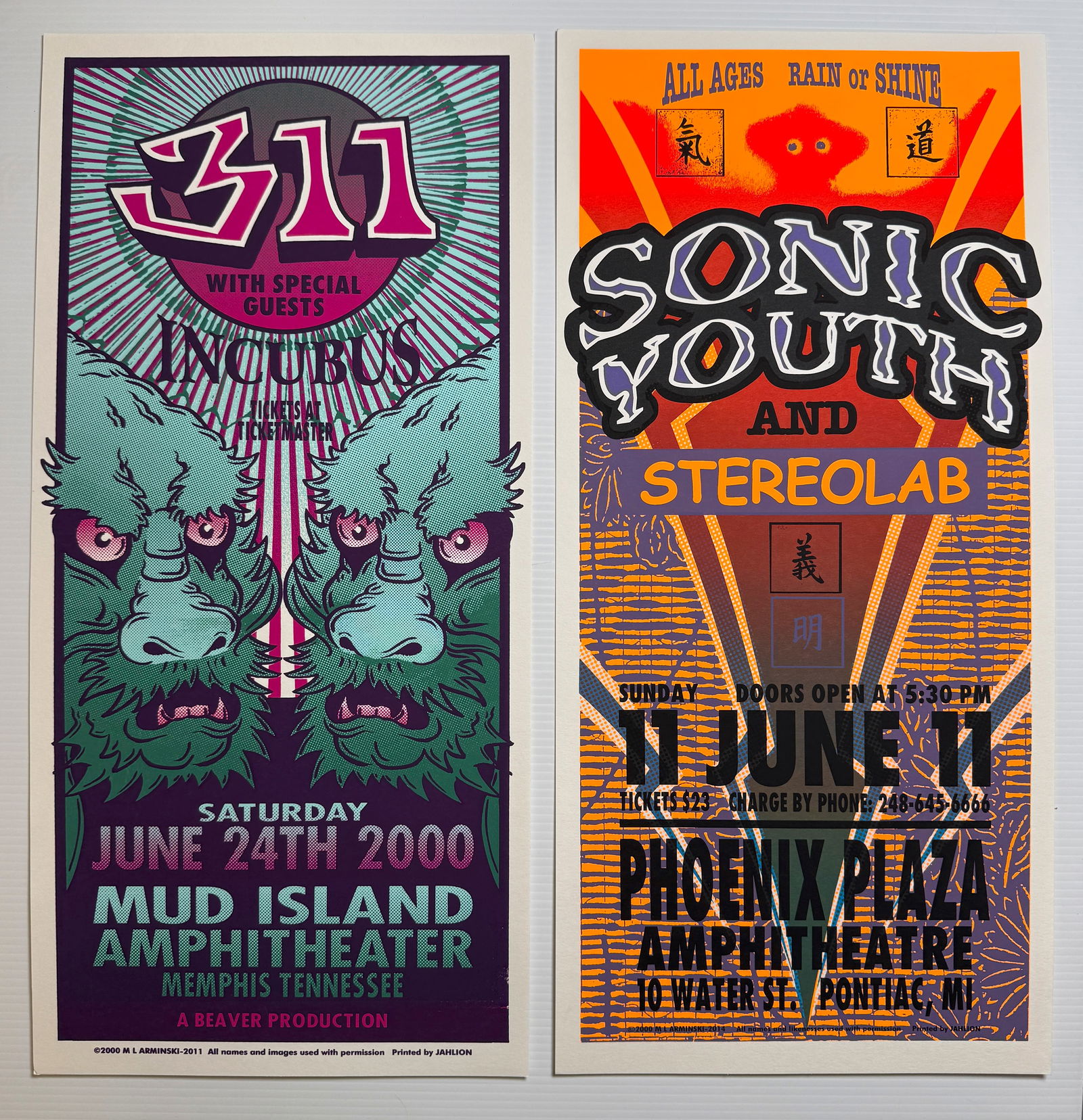 MARK ARMINSKI POSTER SET WITH: 311 & SONIC YOUTH: Vintage Mark Arminski Screen print rock poster set. Arminski is known for bridging the gap between 1960s psychedelic art and the 1990s grunge aesthetic. Mark focuses his time on fine art / pop art now