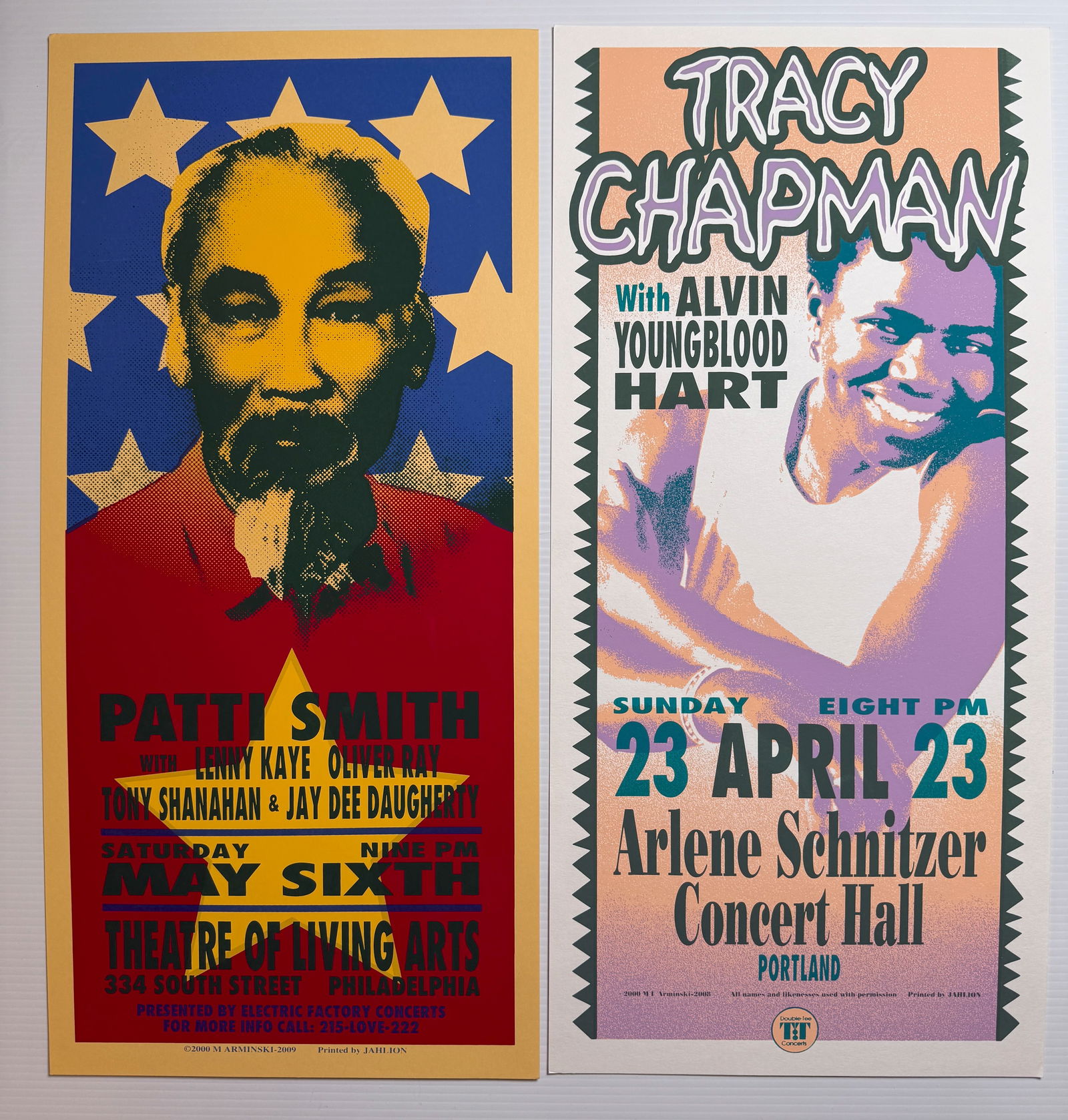 MARK ARMINSKI POSTER SET WITH: PATTI SMITH & TRACY CHAPMAN: Vintage Mark Arminski Screen print rock poster set. Arminski is known for bridging the gap between 1960s psychedelic art and the 1990s grunge aesthetic. Mark focuses his time on fine art / pop art now