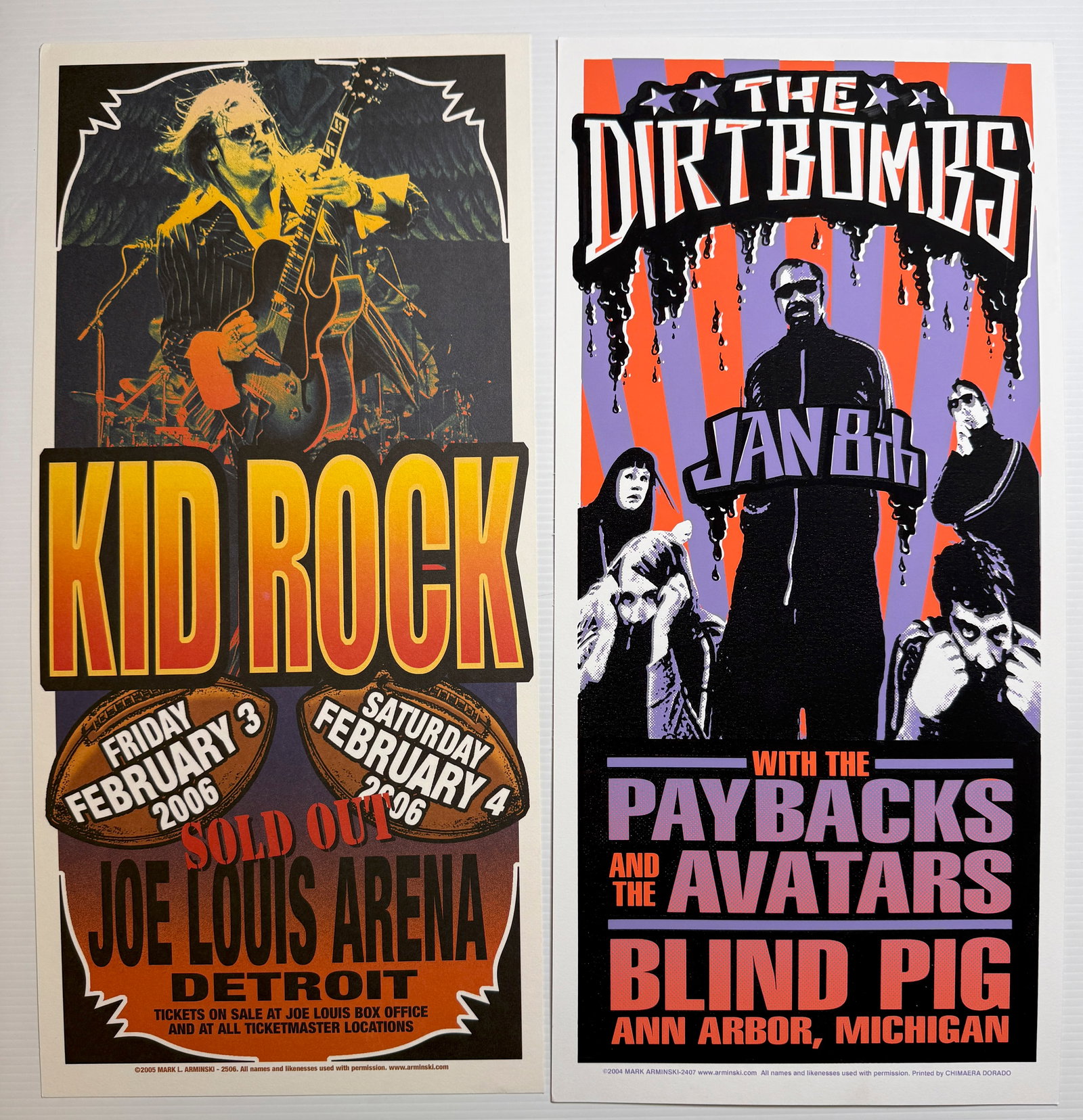 MARK ARMINSKI POSTER SET WITH: KID ROCK & DIRTBOMBS: Vintage Mark Arminski Screen print rock poster set. Arminski is known for bridging the gap between 1960s psychedelic art and the 1990s grunge aesthetic. Mark focuses his time on fine art / pop art now