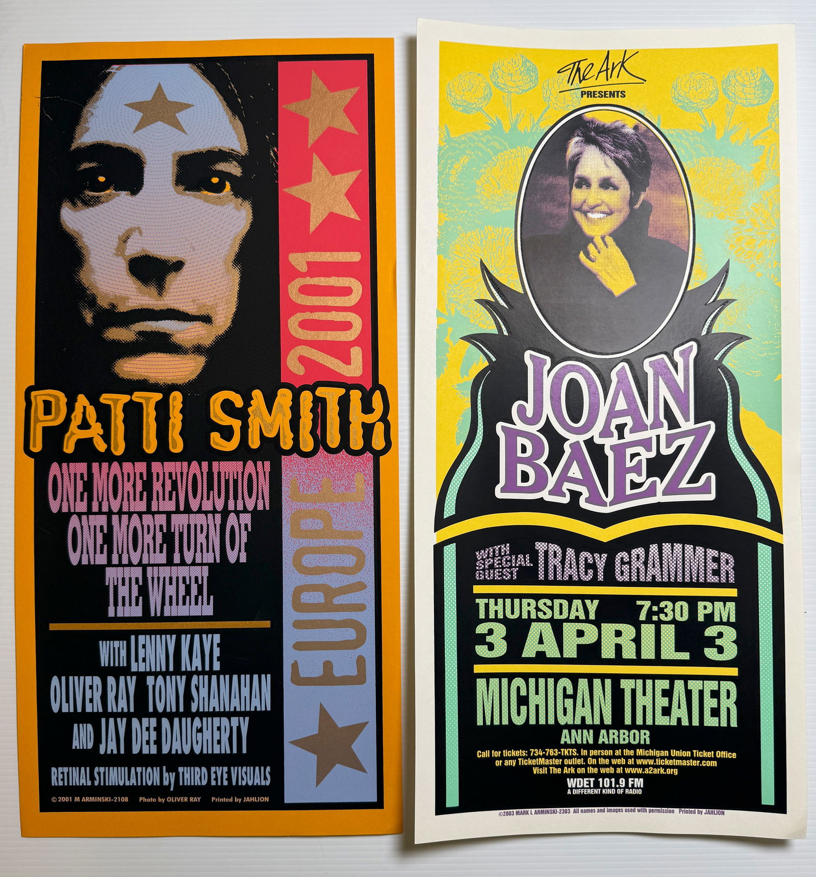 MARK ARMINSKI POSTER SET WITH: PATTI SMITH & JOAN BAEZ: Vintage Mark Arminski Screen print rock poster set. Arminski is known for bridging the gap between 1960s psychedelic art and the 1990s grunge aesthetic. Mark focuses his time on fine art / pop art now