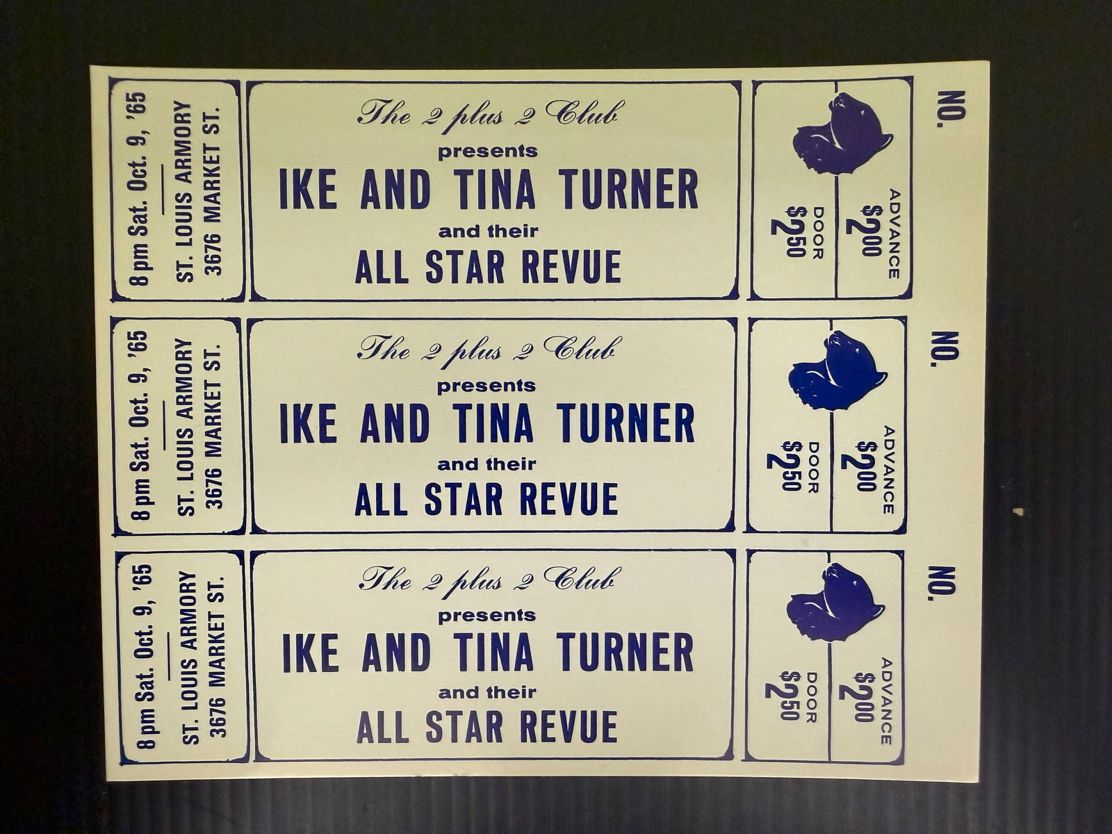 RARE 1965 IKE & TINA TURNER UNCUT TICKET: RARE 1965 IKE & TINA TURNER UNCUT TICKET SET BEFORE THEY WERE NUMBERED AND CUT. RARE OPPORTUNITY.