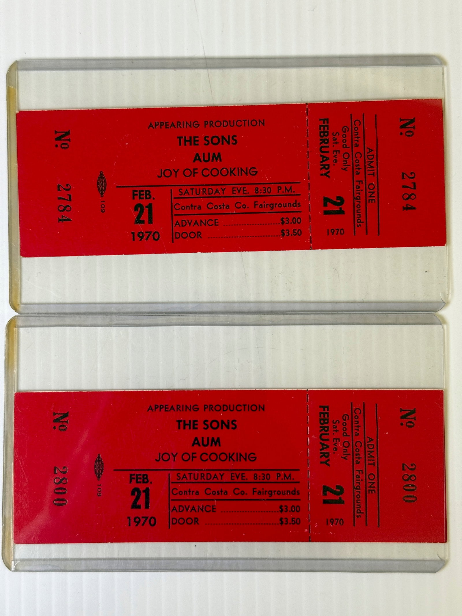1970 THE SONS, AUM, JOY OF COOKING TICKET STUBS: 1970 THE SONS OF CHAMPLIN, AUM, JOY OF COOKING TICKET STUBS