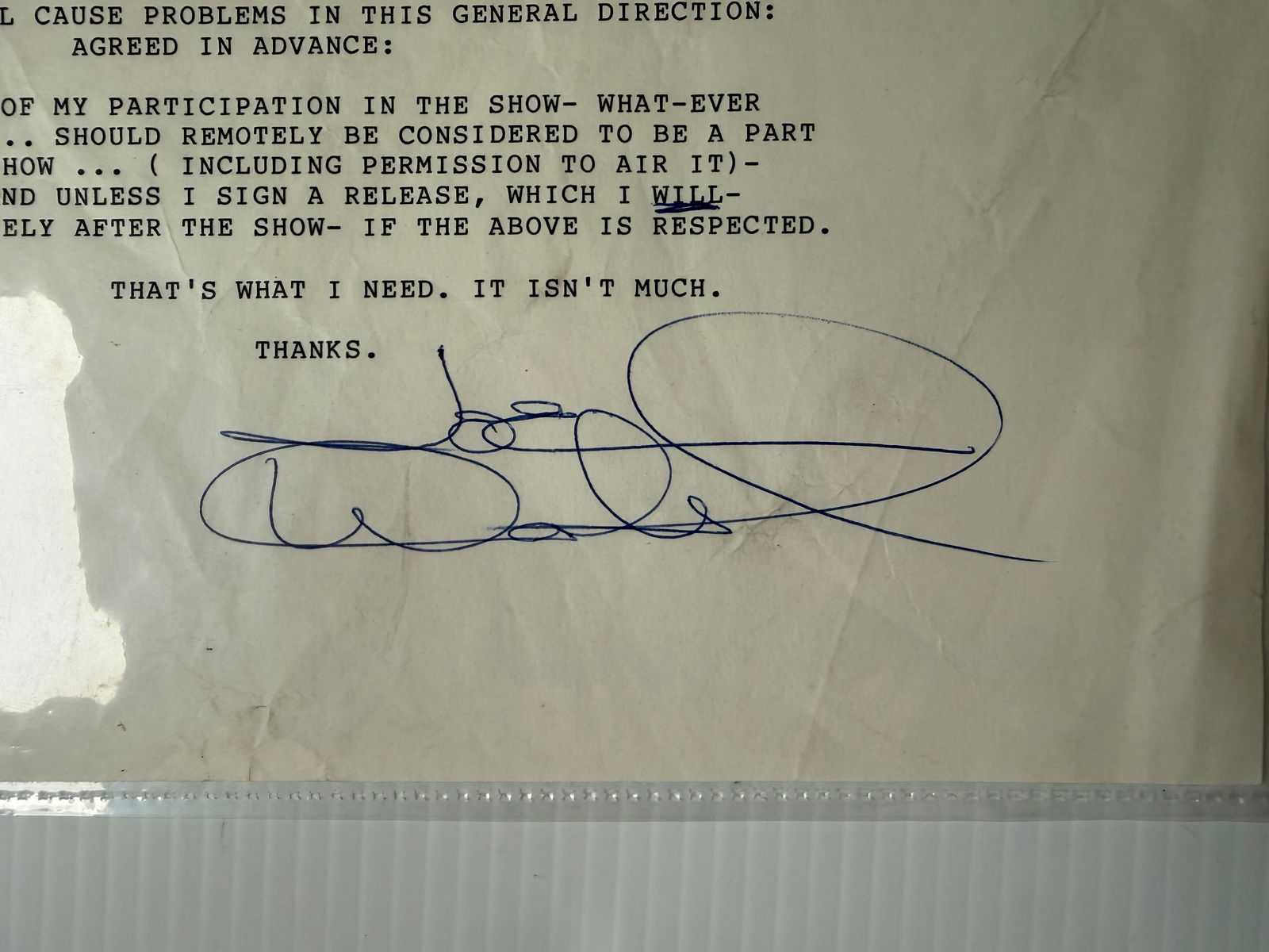 JOE WALSH SIGNED DOCUMENT - CBS REQUEST - 2