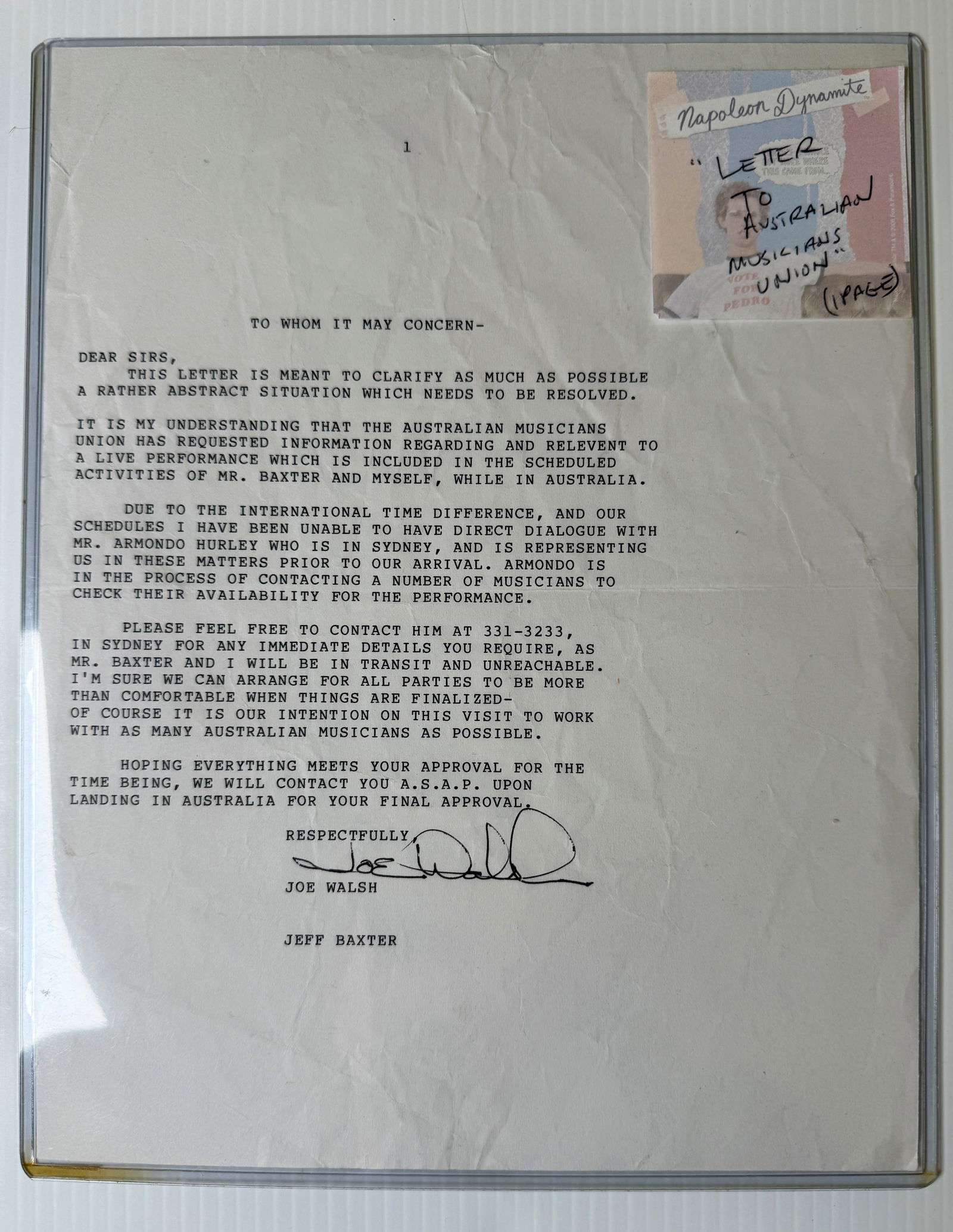 JOE WALSH SIGNED DOCUMENT - AUSTRALIANS MUSICIANS UNION (1 of 2)