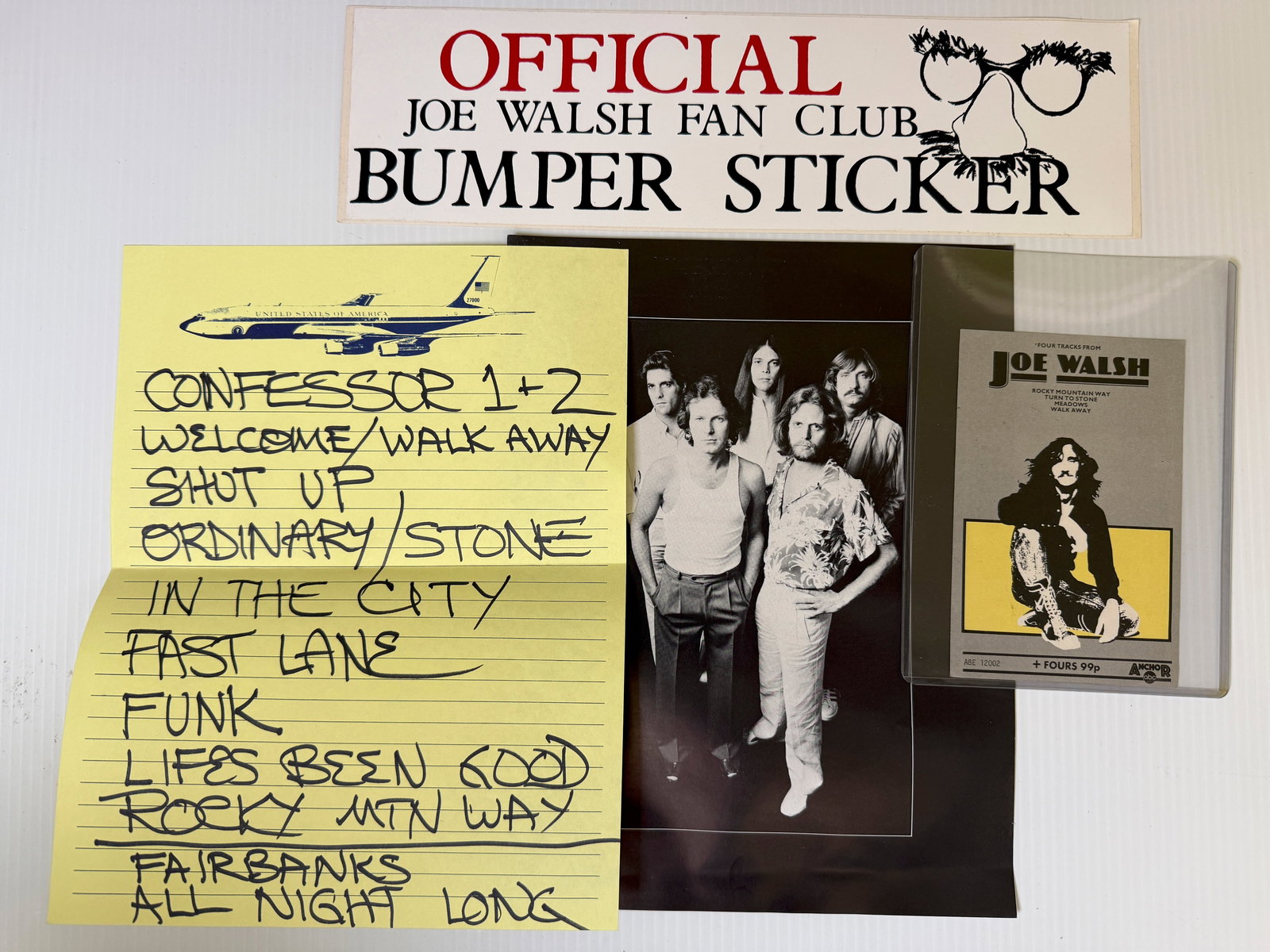 JOE WALSH SET LIST & BUMPER STICKER: JOE WALSH SET LIST & BUMPER STICKER WITH BACKSTAGE PASS AND EAGLES PHOTO