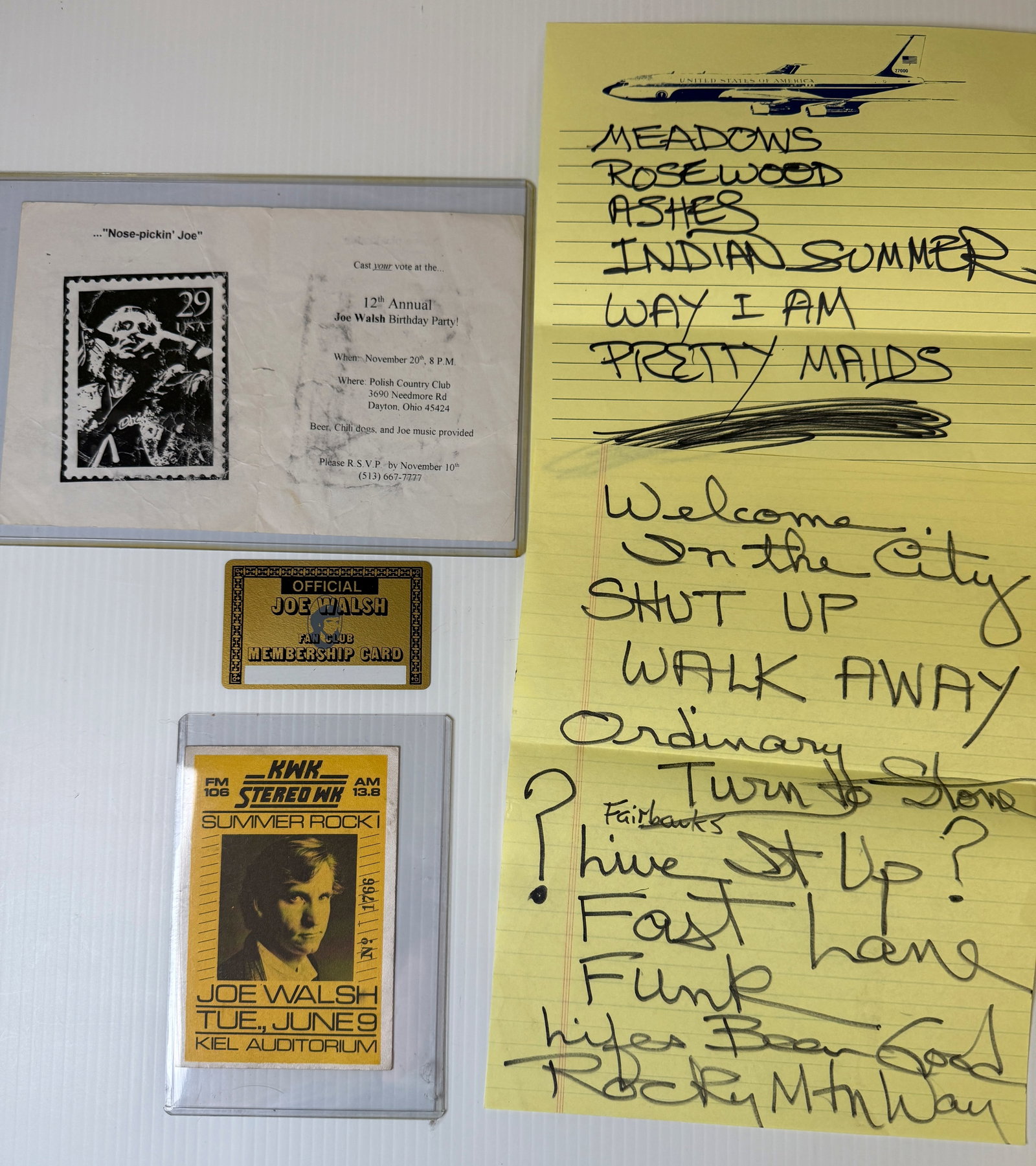 JOE WALSH RARE BIRTHDAY PARTY INVITE AND SET LIST: JOE WALSH RARE BIRTHDAY PARTY INVITE AND SET LIST WITH FAN CLUB CARD AND BACKSTAGE PASS WITH STAMPED NUMBER ON IT.