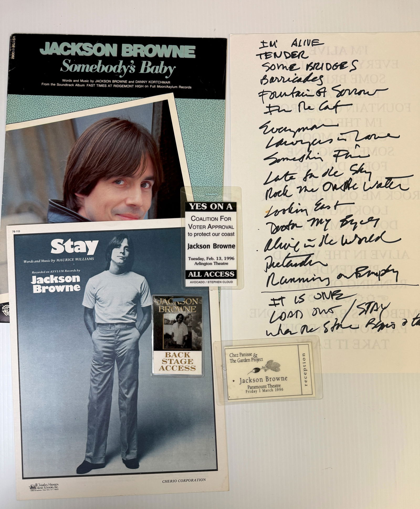 JACKSON BROWN SET LIST AND SHEET MUSIC: JACKSON BROWN SET LIST AND SHEET MUSIC WITH BACKSTAGE PASSES