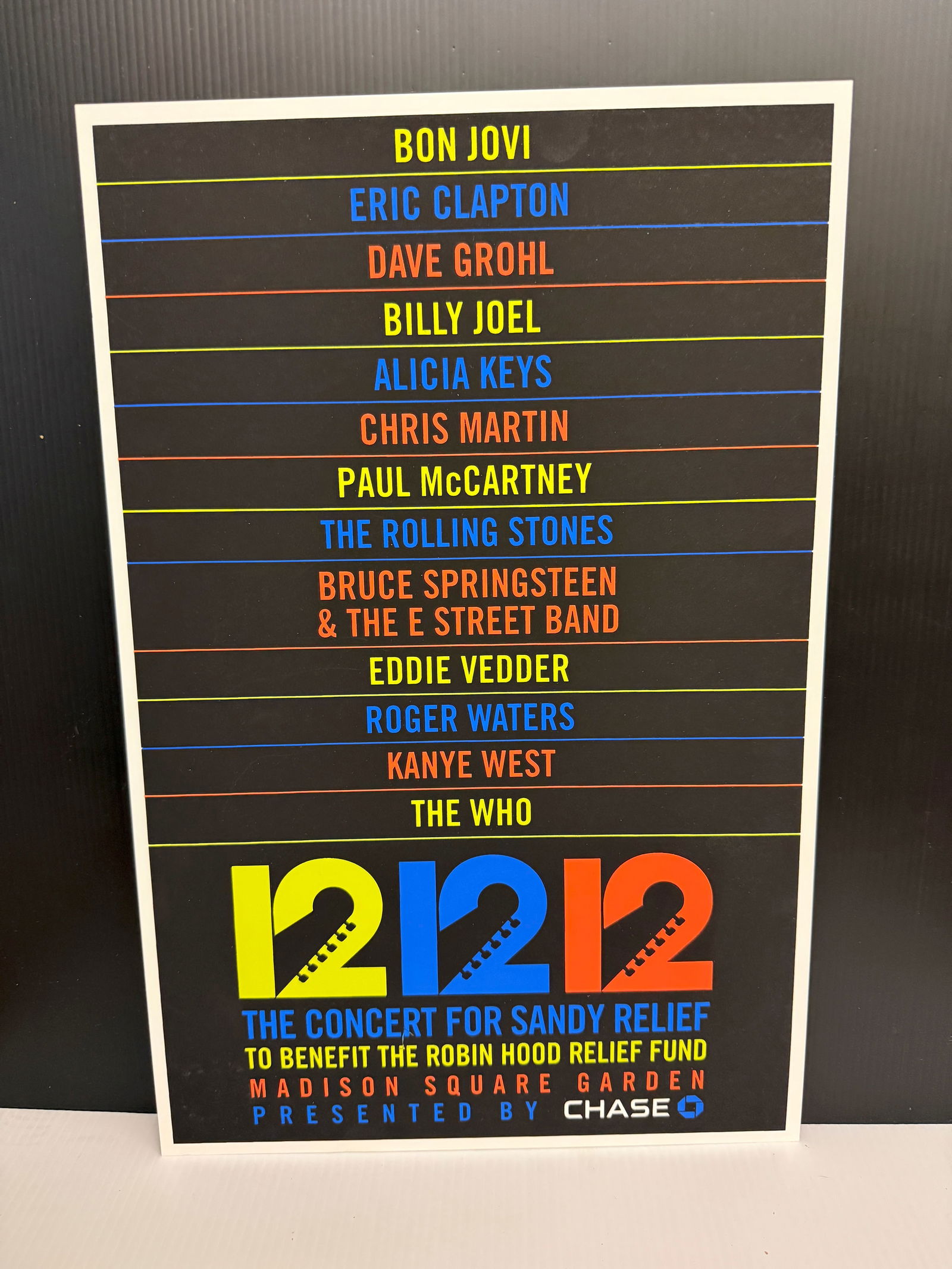 CONCERT FOR SANDY RELIEF SCREEN PRINT POSTER: CONCERT FOR SANDY RELIEF SCREEN PRINT POSTER WITH BON JOVI, CLAPTON, GROHL, BILLY JOEL, ALICIA KEYS, CHRIS MARTIN, PAUL MCCARTNEY, THE ROLLING STONES, BRICE SPRINGSTEEN, EDDIE VEDDER, ROGER WATERS, KA