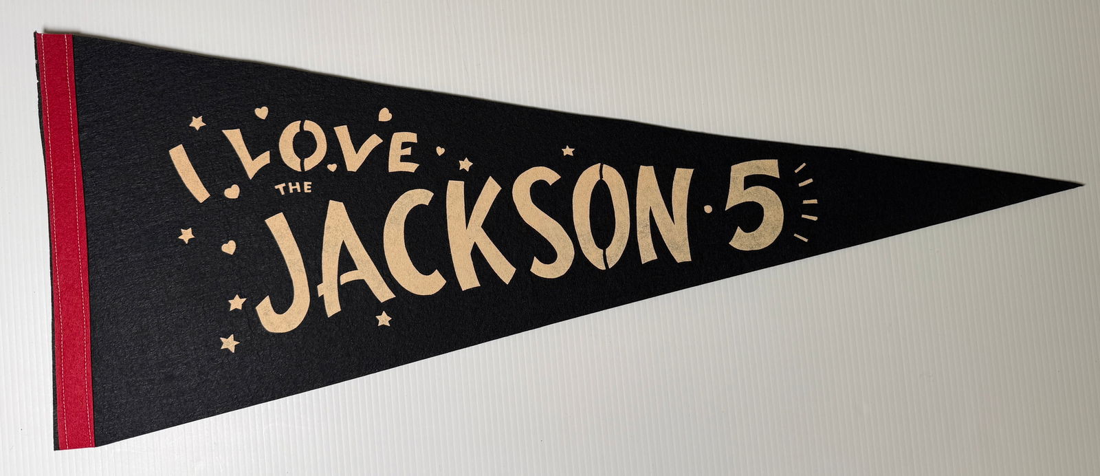 I LOVE THE JACKSON 5 FLAG PENNANT - 1970 ORIGINAL NOS: NEW OLD STOCK. about 30 inches wide. purchased the entire contents of this business that closed in the 70's. These never saw the light of day !