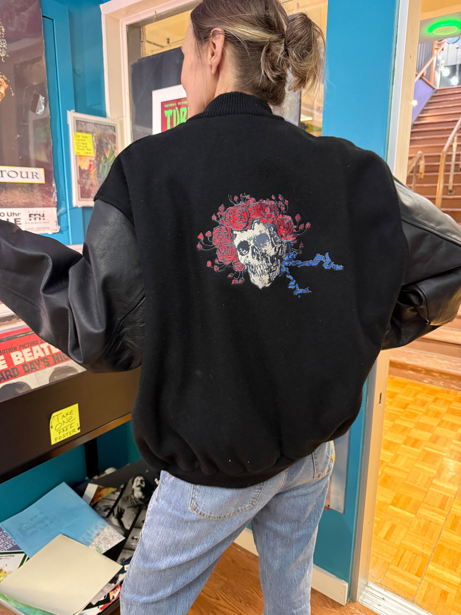 Vintage Grateful Dead Jacket Leather Varsity Bertha Bomber Forever Tour: Amazing American Beauty - SKULL AND ROSES - BERTHA embroidered logo. Limited edition with all paperwork ! ! ! 1995-1996. MINT - NEVER WORN. Wool & leather with quilted. Jacket is official made in USA