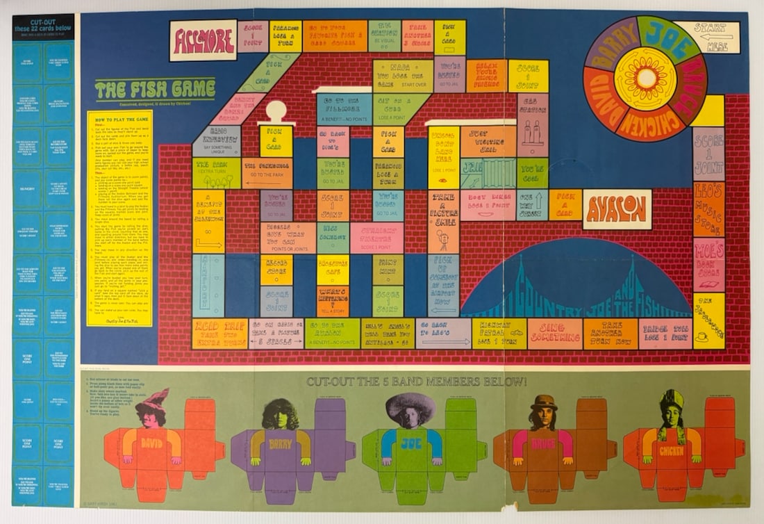 COUNTRY JOE AND THE FISH - THE GAME ! POSTER: THE FISH GAME - ART BY GARY HIRSH. 1967. The Fish Game is a 1967 psychedelic board game included as a 22x33-inch poster in Country Joe and the Fish’s album I-Feel-Like-I'm-Fixin'-to-Die. Designed by