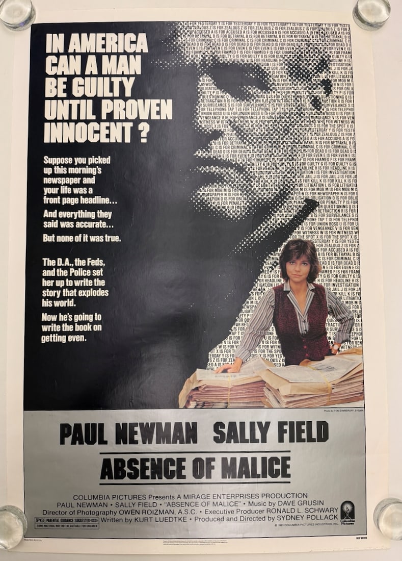 ABSENCE OF MALICE: ABSENCE OF MALICE - PAUL NEWMAN - SALLY FIELD