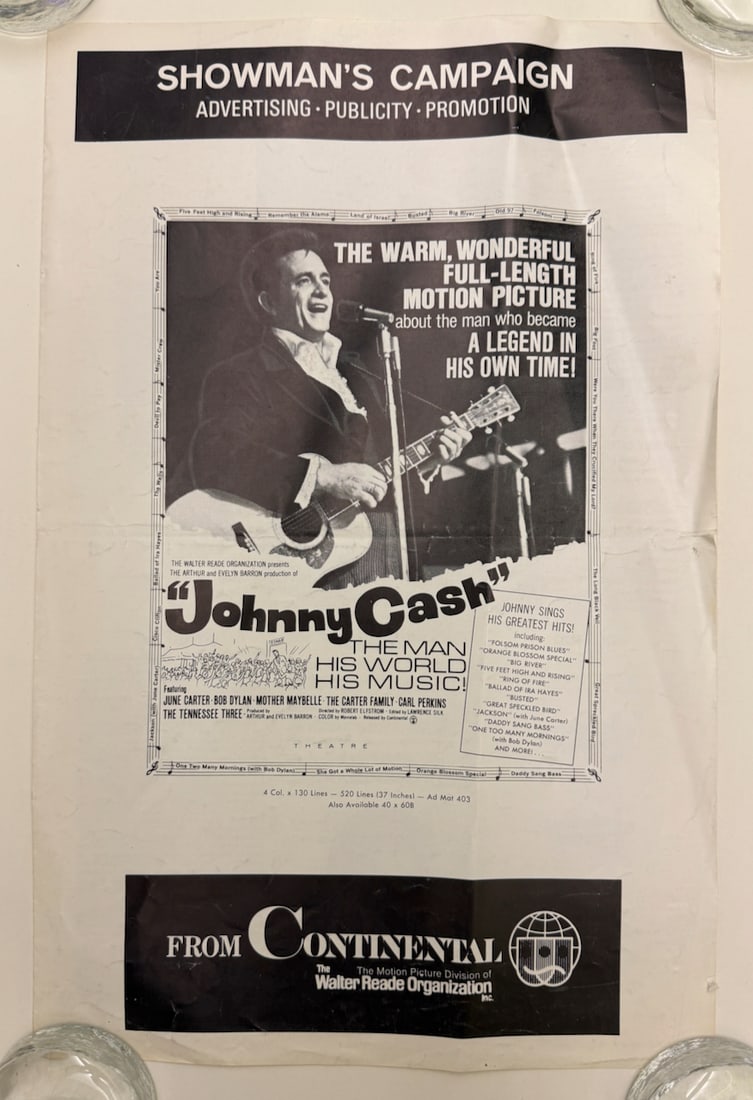 JOHNNY CASH - THE MAN HIS WORLD HIS MUSIC - PRESS FLYER: JOHNNY CASH - THE MAN HIS WORLD HIS MUSIC - PRESS FLYER ADVERTISING 4-PAGE FOLOUT WITH INSTRUCTIONS ON HOW TO ADVERTISE FILM