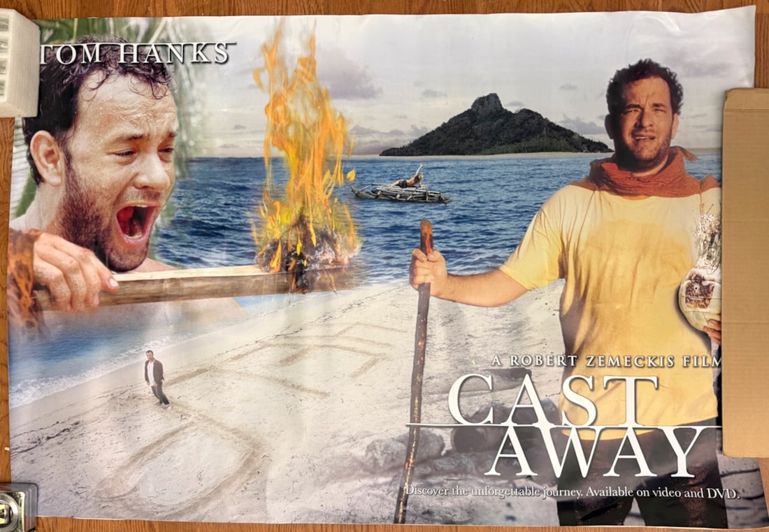 TOM HANKS - CASTAWAY - HUGE VINYL BANNER: TOM HANKS - CASTAWAY - HUGE VINYL BANNER. HAS NOT BEEN REMOVED OR USED FROM VINYL BACKING. RARE. ABOUT 60 WIDE. Can be hung as poster or used by sticking to a large flat surface. Rare.