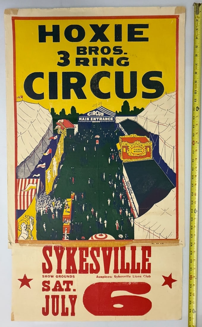 HOXIE BROS. 3 RING CIRCUS - WITH LOCAL TOWN ADVERTISEMENT: HOXIE BROS. 3 RING CIRCUS - WITH LOCAL TOWN ADVERTISEMENT FROM SYKESVILLE SHOW GROUNDS IN PENNSYLVANIA. SUPER VINTAGE STONE PRESS SCREEN PRINT. ABOUT 18 X 37