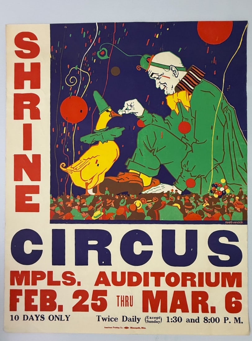 SHRINE CIRCUS MINNEAPOLIS SCREEN PRINT: SHRINE CIRCUS MINNEAPOLIS SCREEN PRINT. ART BY HART-KAISER. ABUT 18 INSHES TALL.