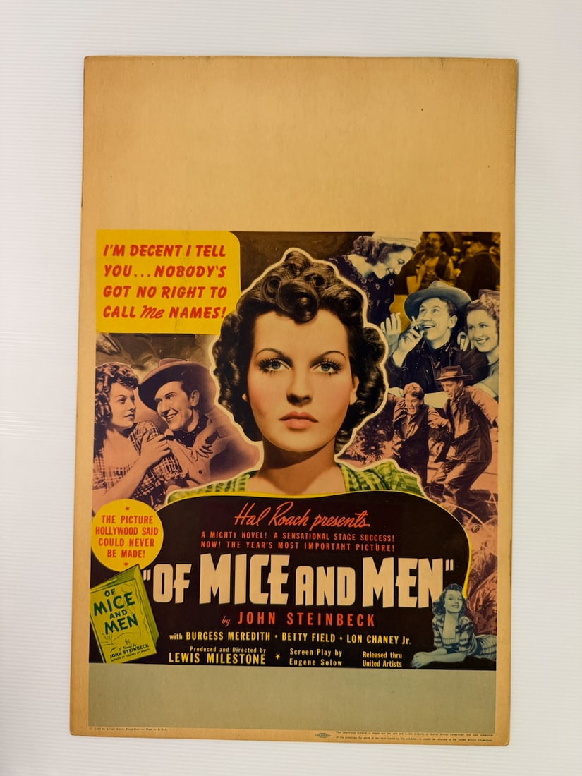 OF MICE AND MEN LOBBY / WINDOW CARD: OF MICE AND MEN LOBBY / WINDOW CARD. 14 X 21. HEAVY CARD STOCK. 1939.