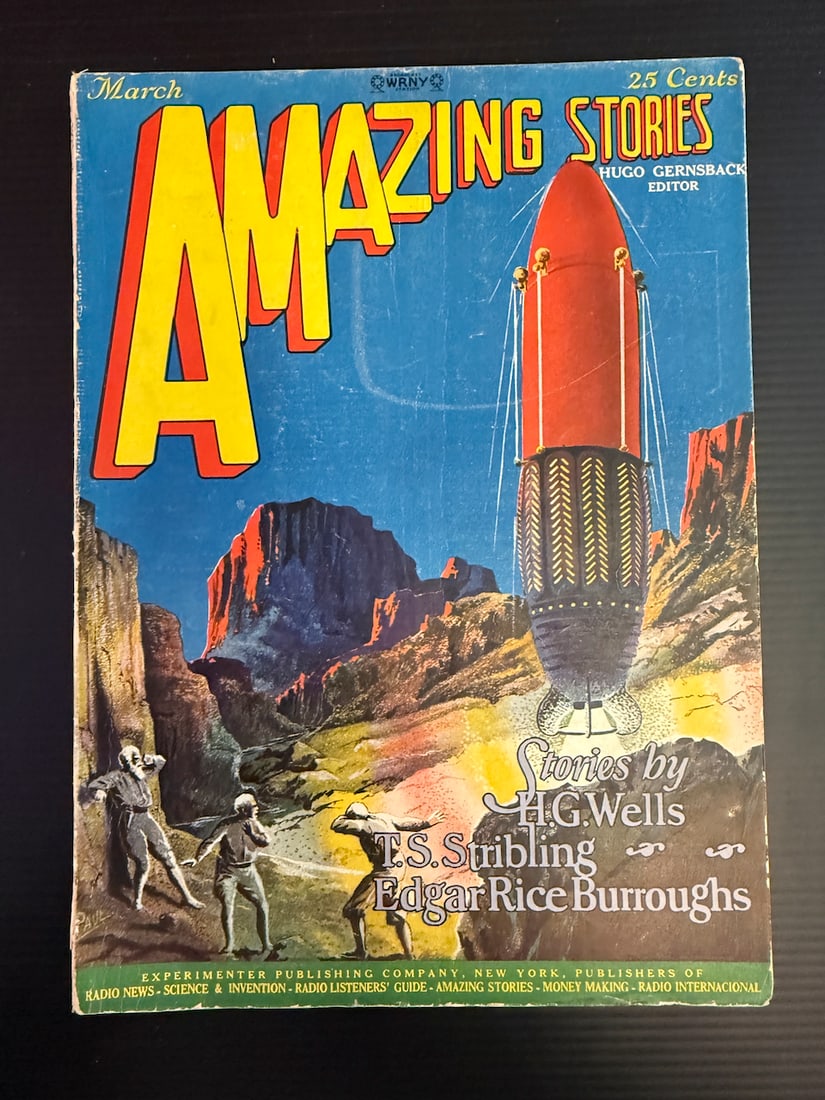 AMAZING STORIES SCI-FI MAGAZINE 1927 - H.G. WELLS !: AMAZING STORIES SCI-FI MAGAZINE 1927 - H.G. WELLS ! A. MERRITT. EDGAR RICE BURROUGHS. AL THE HEAVY HITTERS ! ! ! AMAZING SCIENCE FICTION ART. FRAMABLE. SPACESHIP COVER ART FROM THE GREEN SPLOTCHES - T