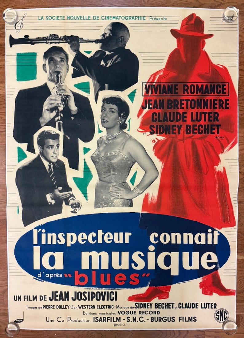 THE INSPECTOR KNOWS THE MUSIC - rare jazz poster - on canvas: This image is a vintage movie poster for the 1956 French film "L'inspecteur connaît la musique". Film Title: The main title is "L'inspecteur connaît la musique," also known by its alternative title,