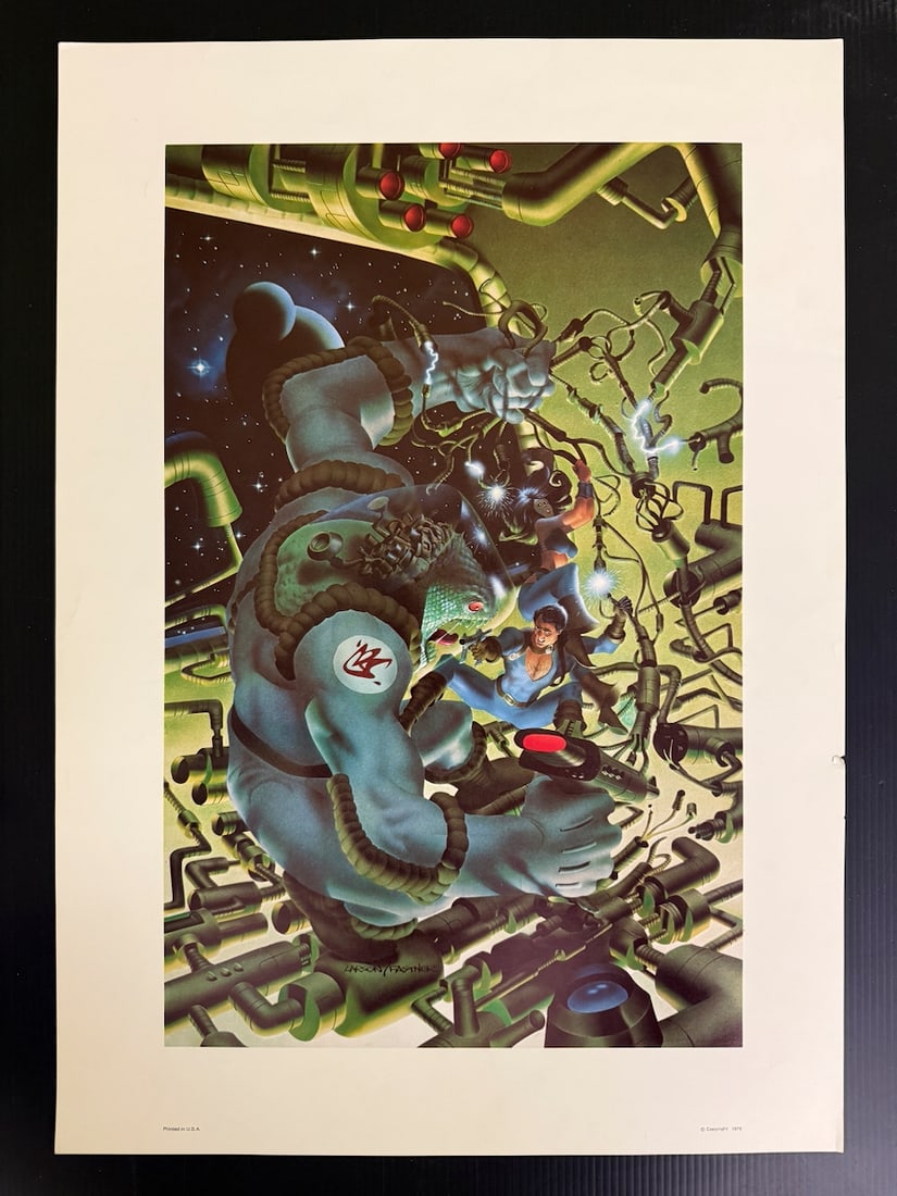 Science fiction fantasy art by illustrators Fastner and Larson: This image is a piece of science fiction fantasy art by illustrators Fastner and Larson. The artwork likely comes from their "Art Fantastix" collection or portfolio. It features a large, blue, reptili